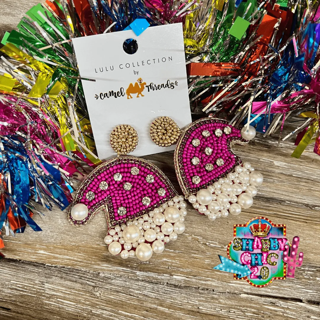 Beaded Pink Santa Hat Earrings