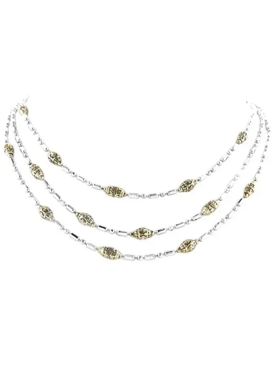 Beaded Two Tone Triple Strand Necklace - 17"