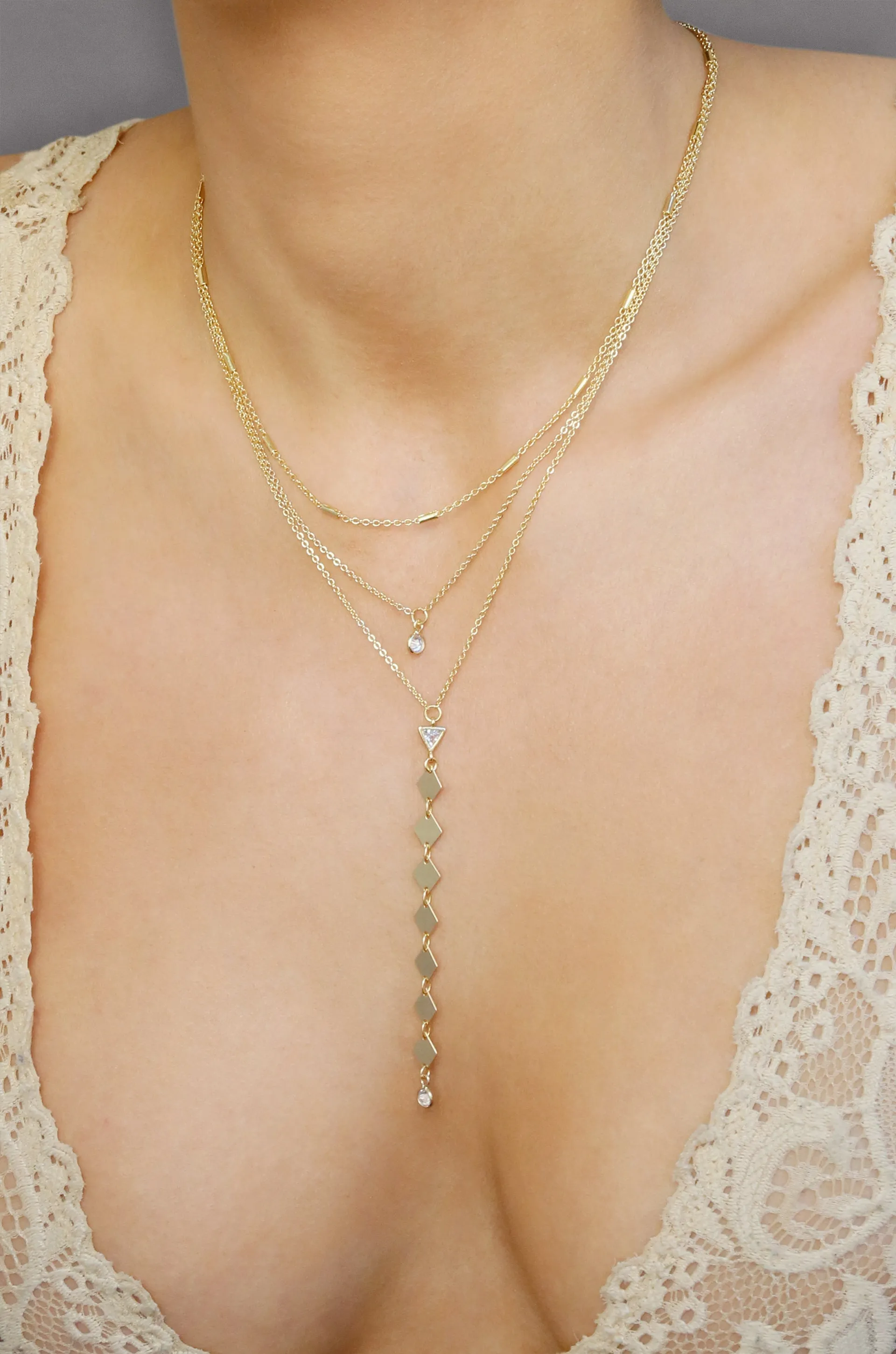 Bella 18k Gold Plated Multi Layered Lariat Necklace with Crystals