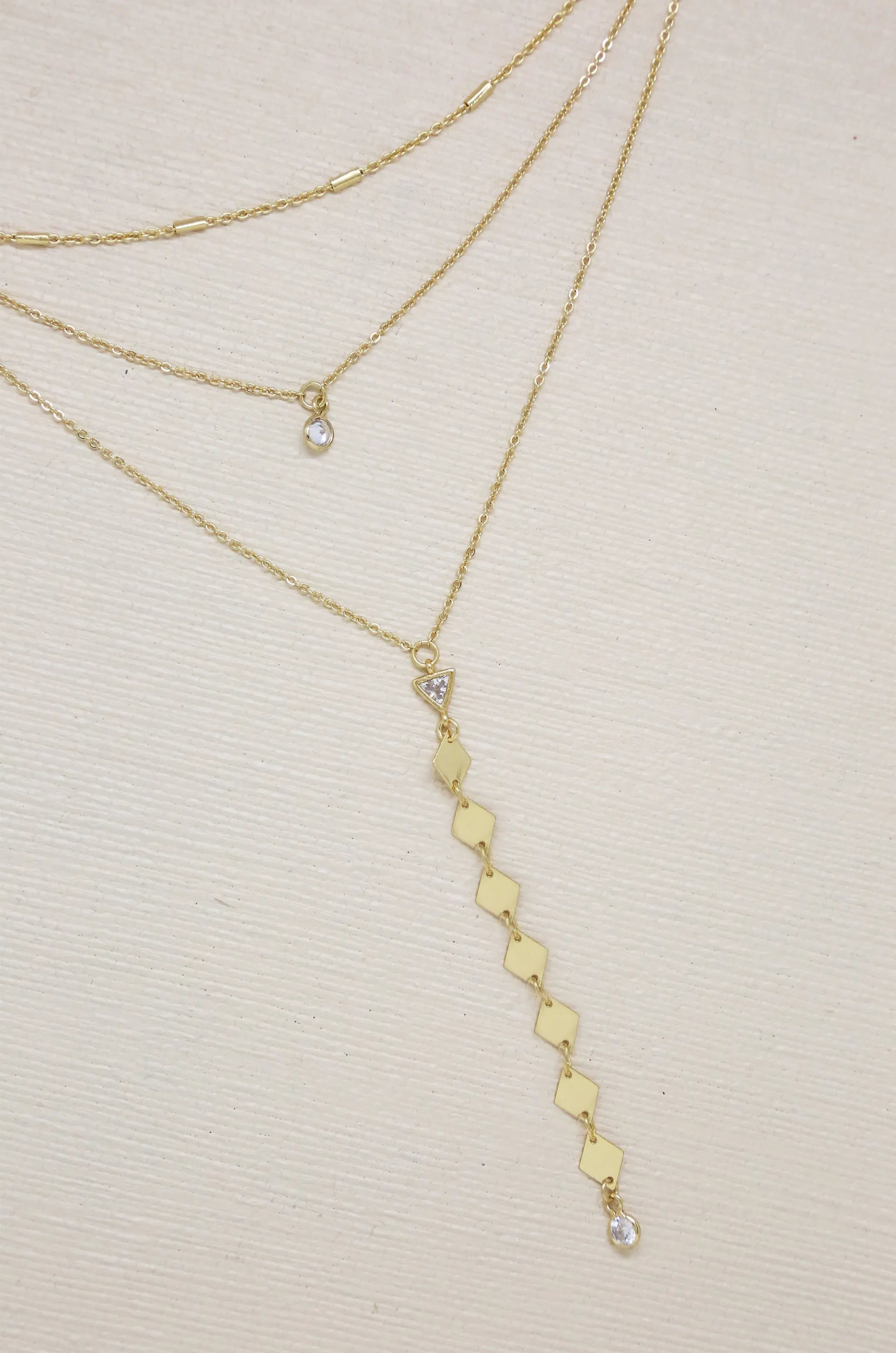 Bella 18k Gold Plated Multi Layered Lariat Necklace with Crystals