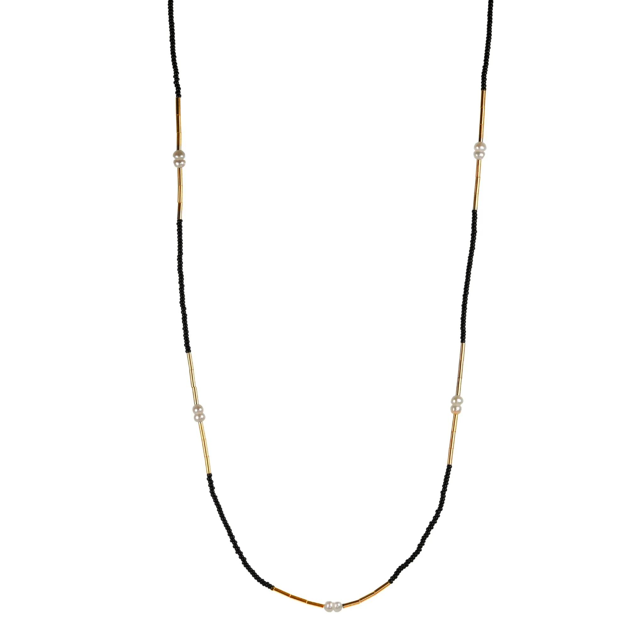 Black Seed Bead, 5 Pearl & Gold Vermeil Tube Bead Station Necklace
