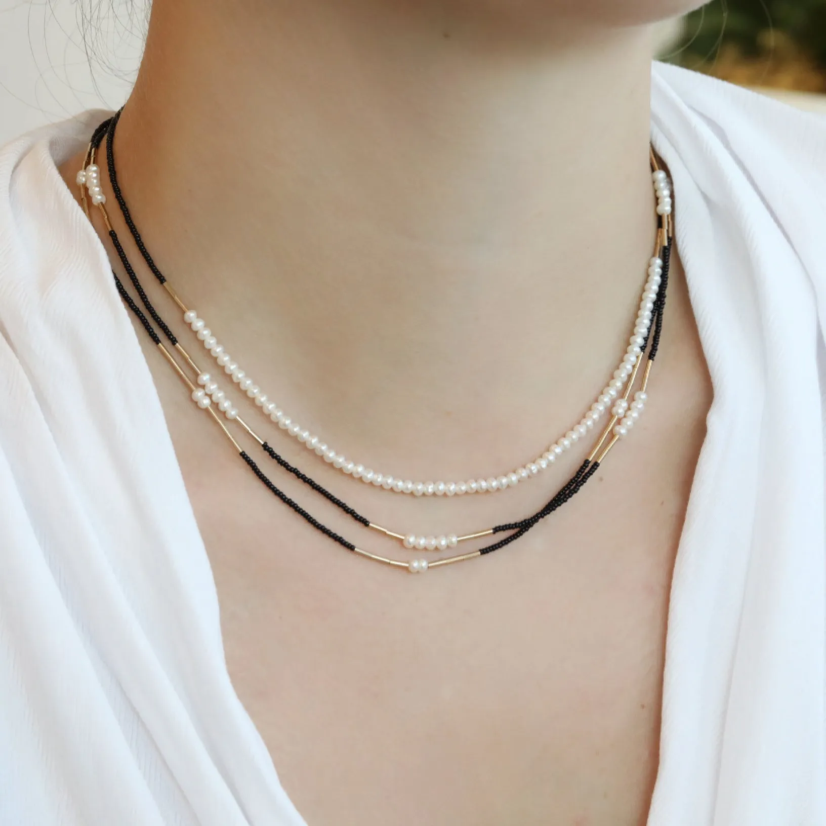 Black Seed Bead, 5 Pearl & Gold Vermeil Tube Bead Station Necklace