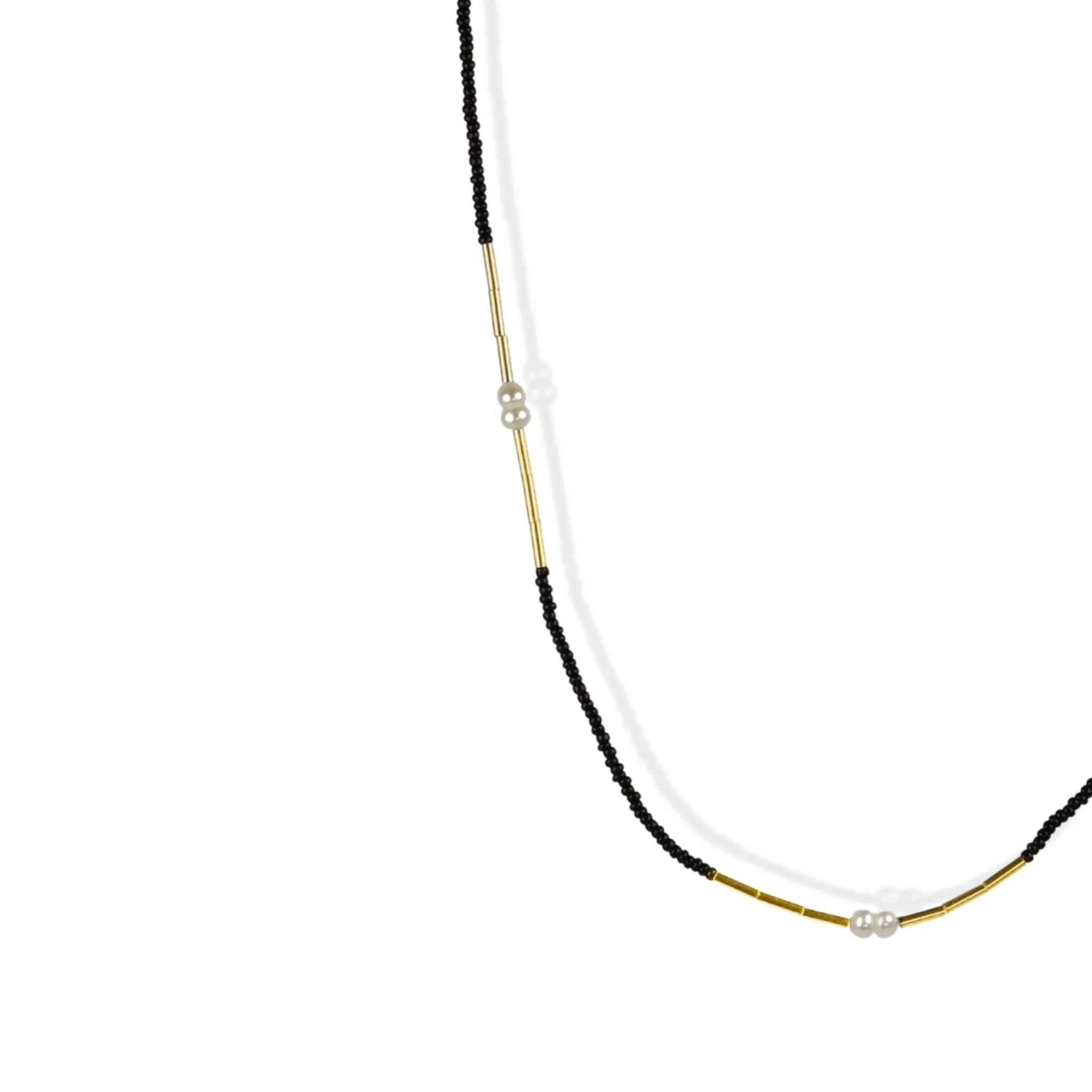Black Seed Bead, 5 Pearl & Gold Vermeil Tube Bead Station Necklace