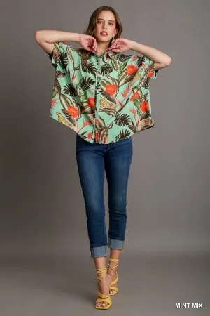 Blakely Oversized Tropical Cheetah Print Button Down Boxy Cut Collared Shirt In Mint