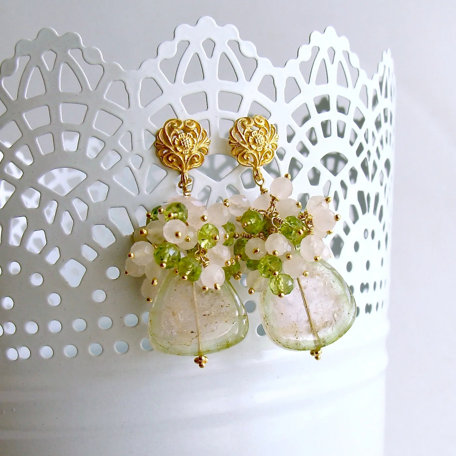 Blush Pink Green Watermelon Tourmaline Slices Peridot Rose Quartz Clusters - Laurel Earrings III