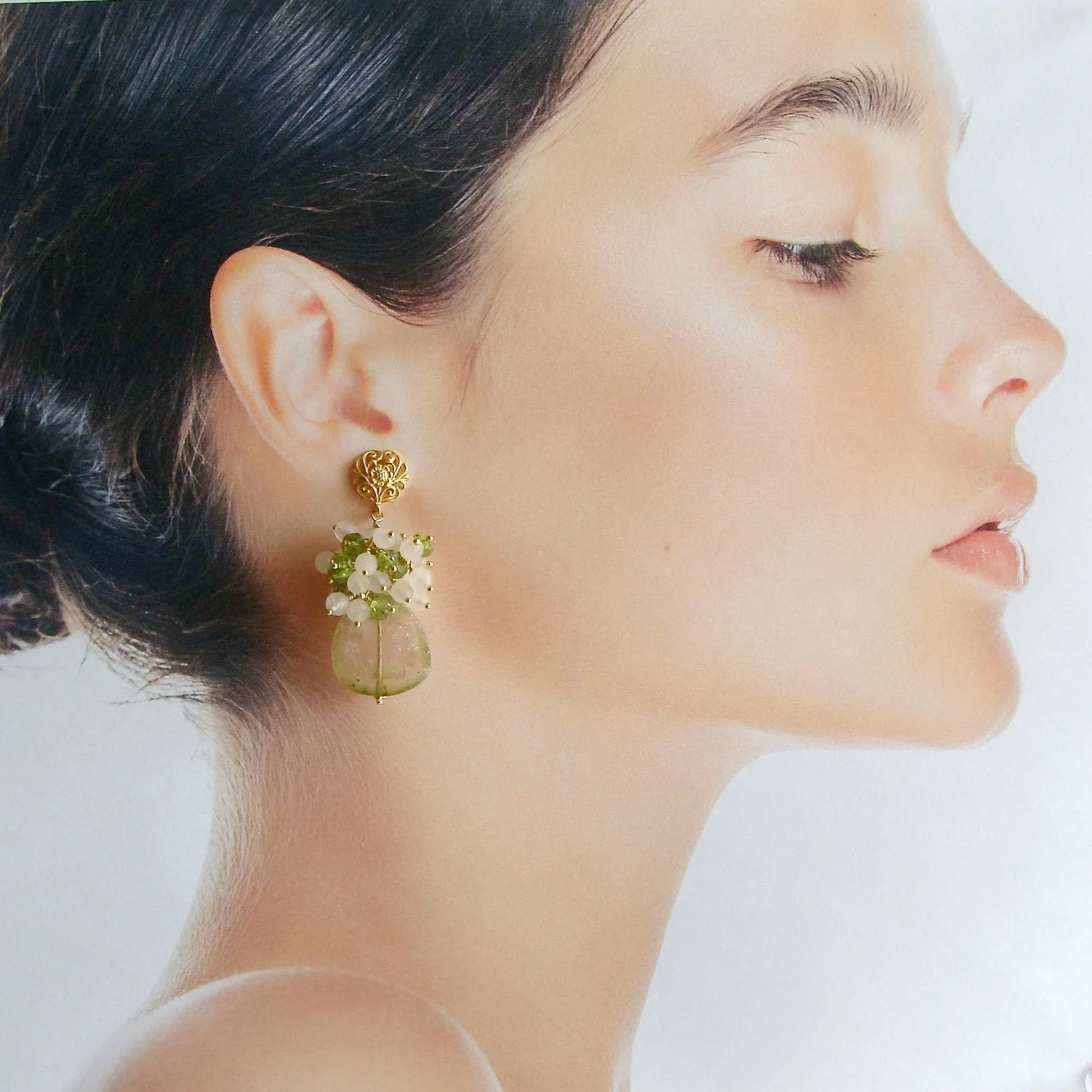 Blush Pink Green Watermelon Tourmaline Slices Peridot Rose Quartz Clusters - Laurel Earrings III