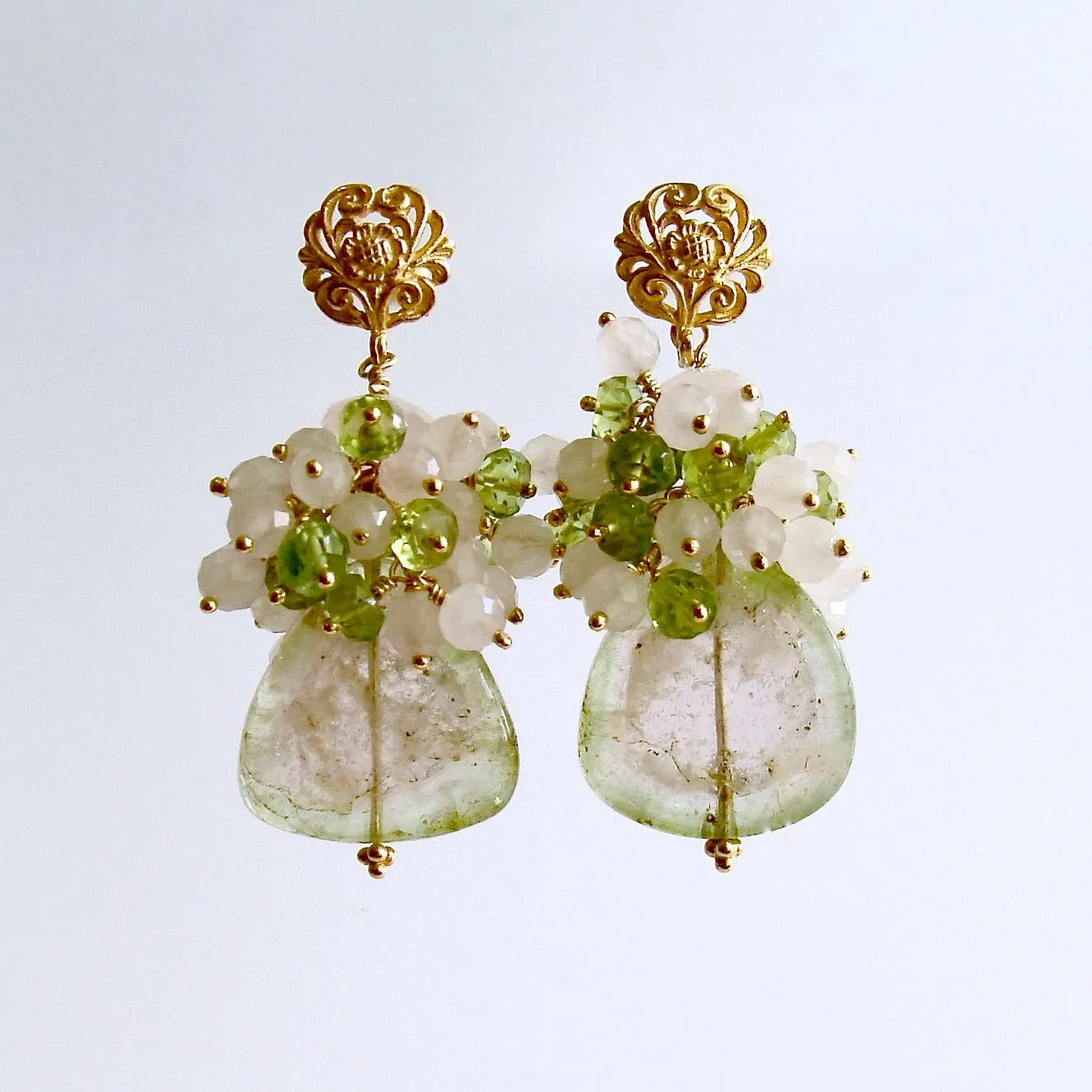 Blush Pink Green Watermelon Tourmaline Slices Peridot Rose Quartz Clusters - Laurel Earrings III