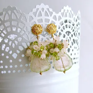Blush Pink Green Watermelon Tourmaline Slices Peridot Rose Quartz Clusters - Laurel Earrings III