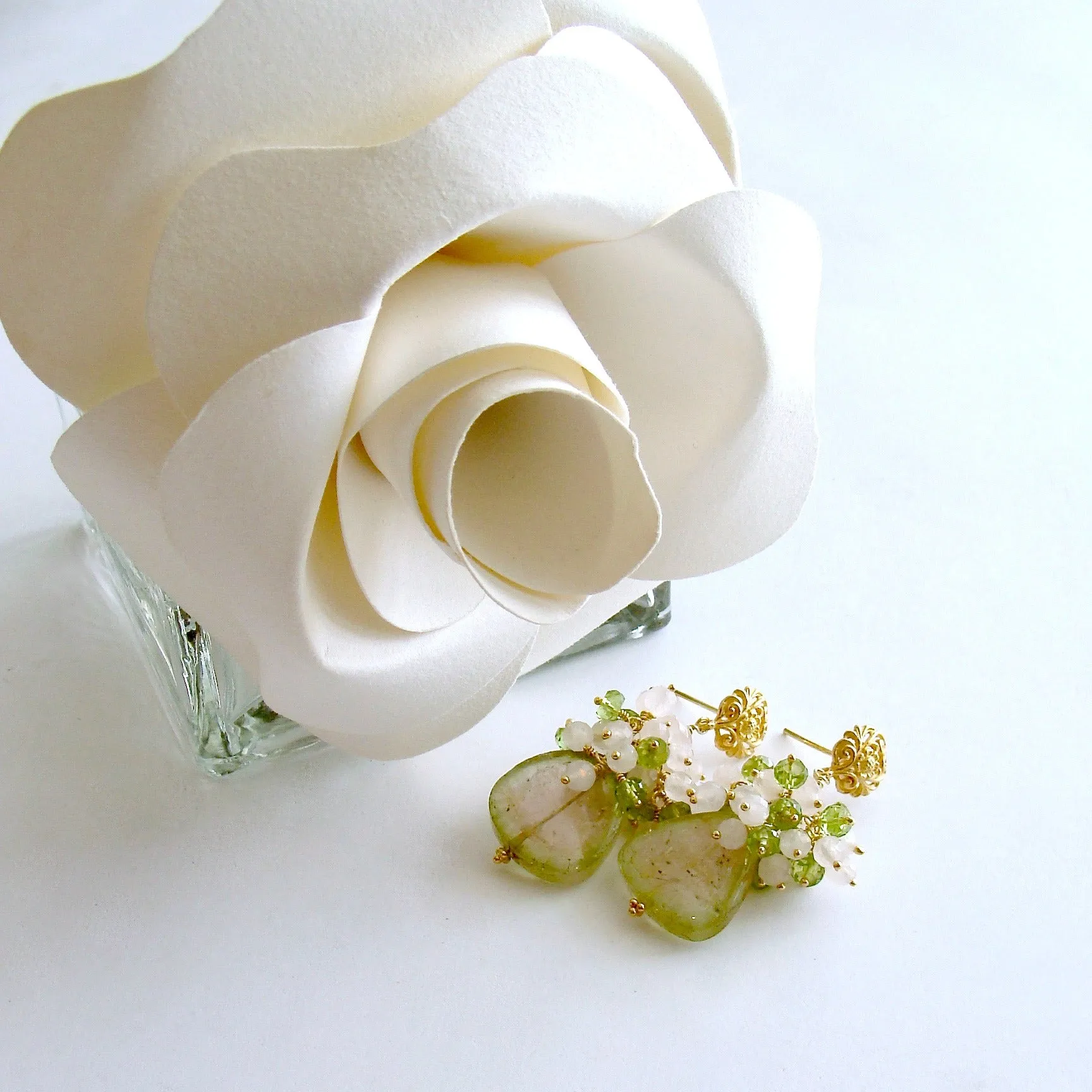 Blush Pink Green Watermelon Tourmaline Slices Peridot Rose Quartz Clusters - Laurel Earrings III