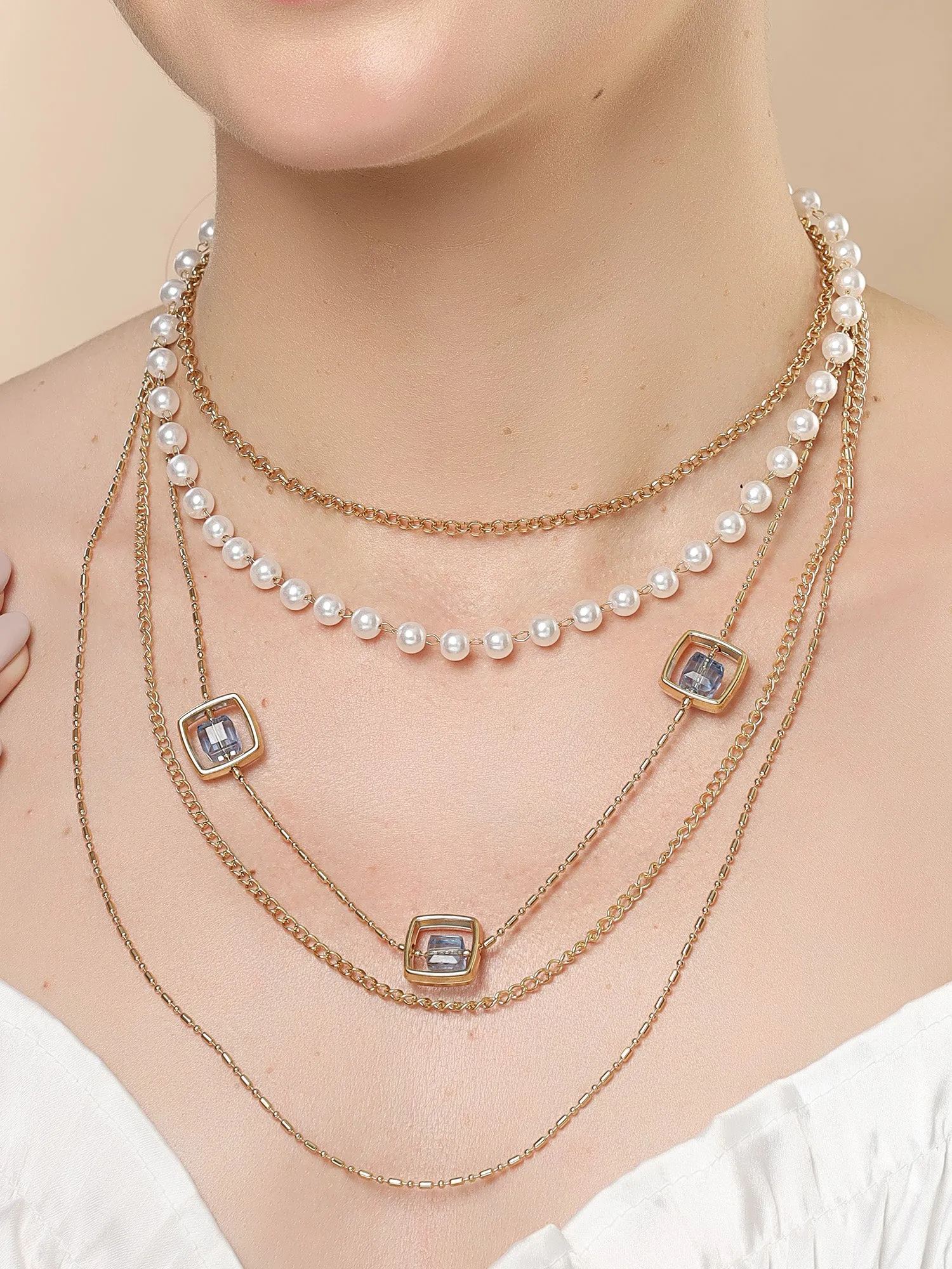 Bohey by KARATCART Gold-Plated Blue Stone Multilayer Chain Necklace for Women