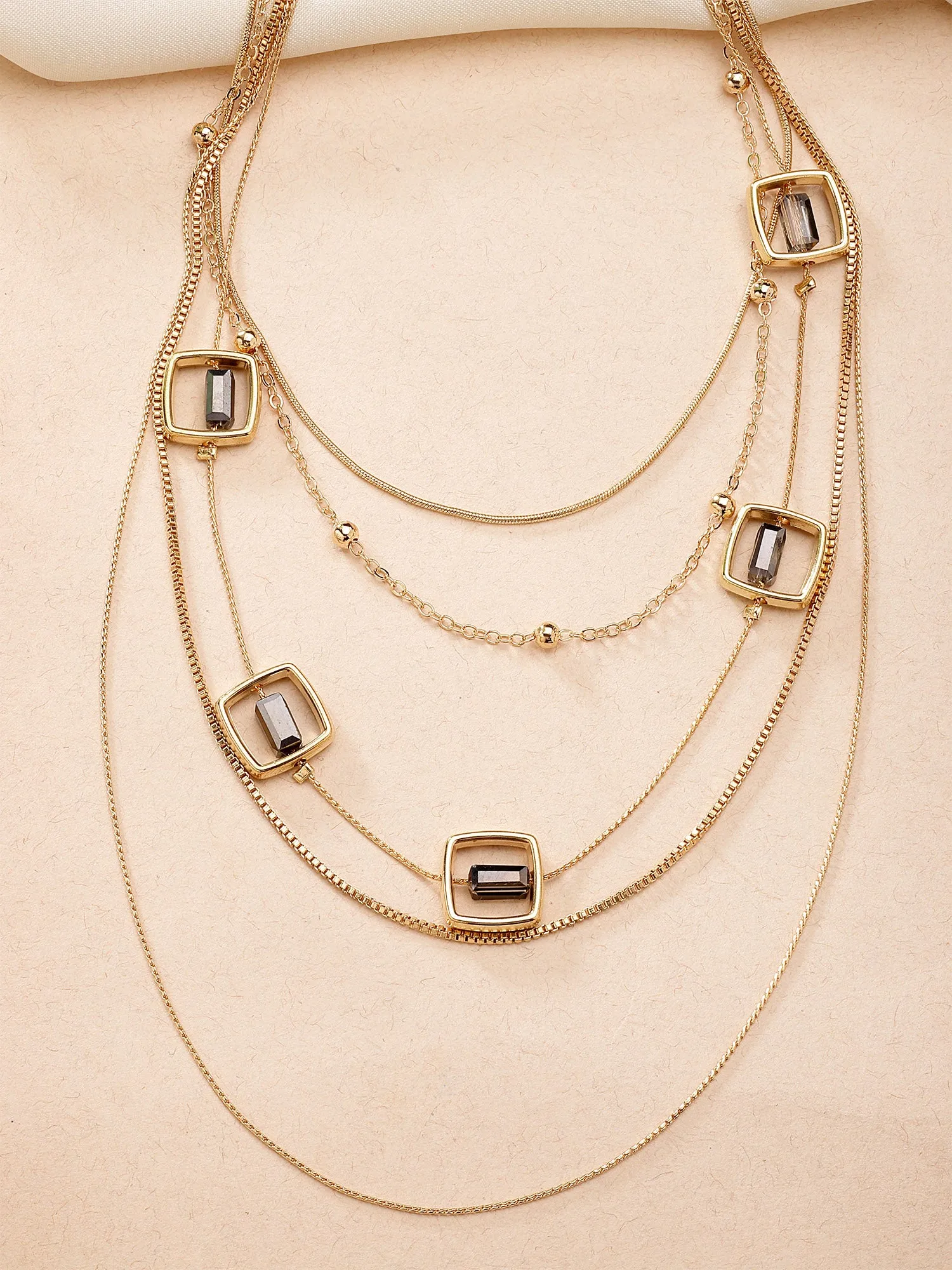 Bohey by KARATCART Gold-Plated Grey Stone Multilayer Chain Necklace for Women