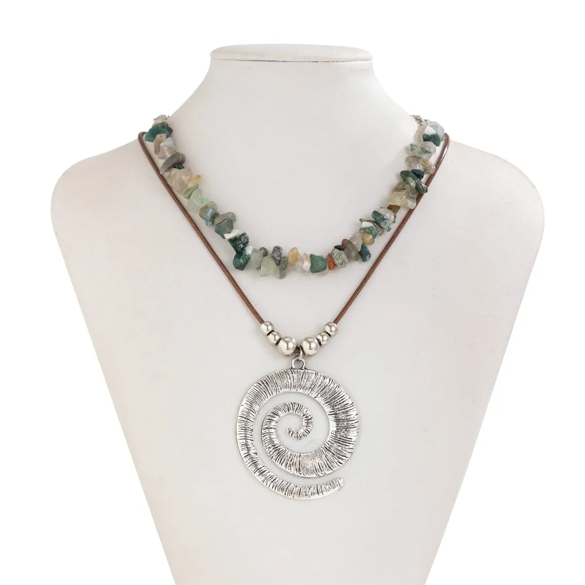 Boho Layered Textured Spiral Pendant Turquoise Stone Chain Velvet Necklace Set