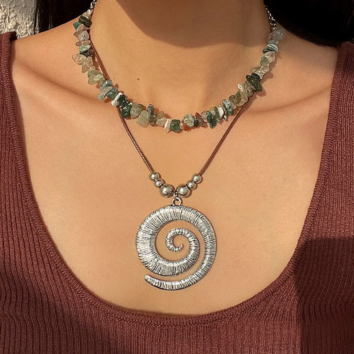 Boho Layered Textured Spiral Pendant Turquoise Stone Chain Velvet Necklace Set