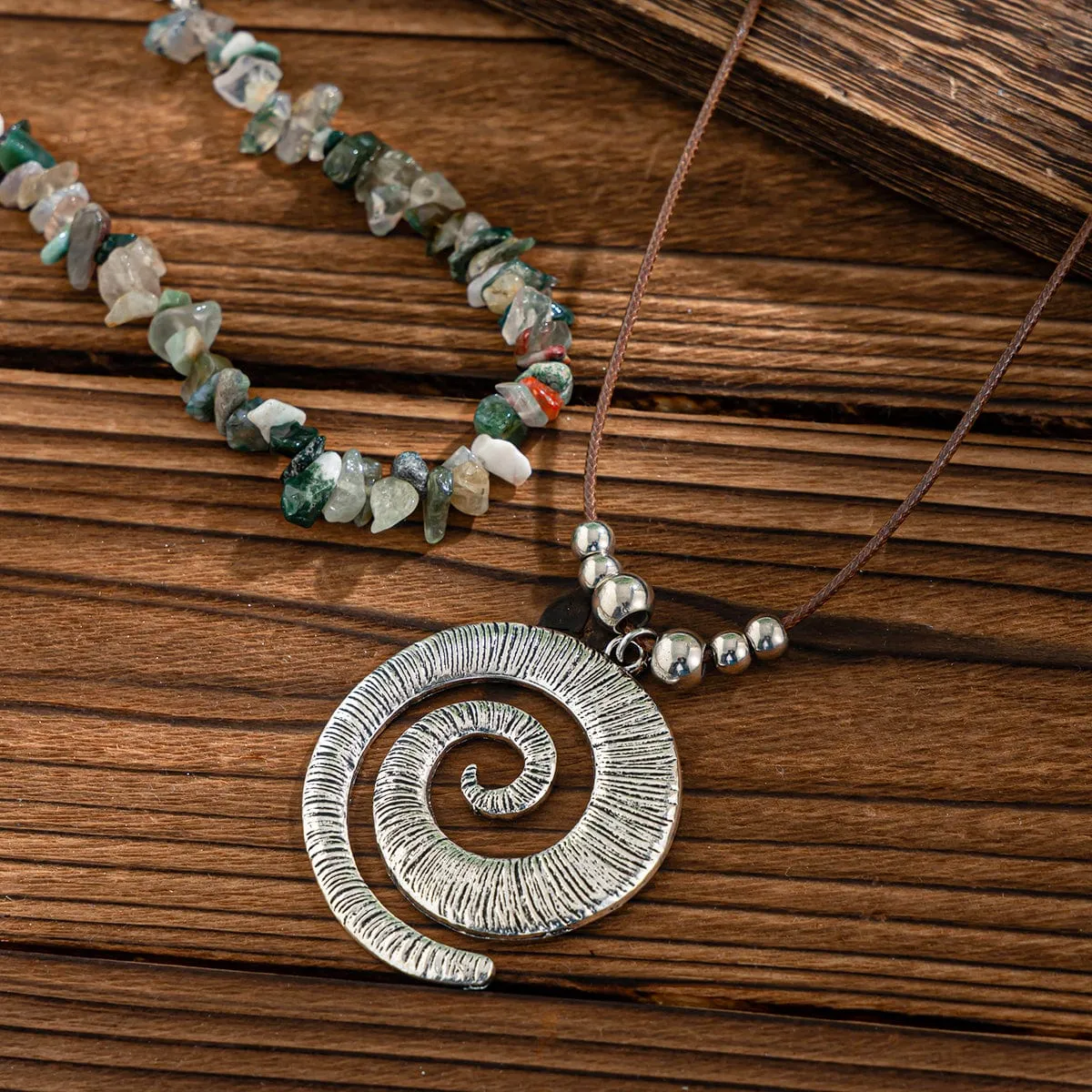 Boho Layered Textured Spiral Pendant Turquoise Stone Chain Velvet Necklace Set