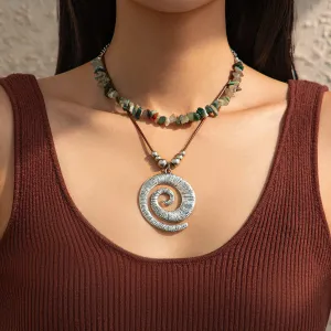 Boho Layered Textured Spiral Pendant Turquoise Stone Chain Velvet Necklace Set