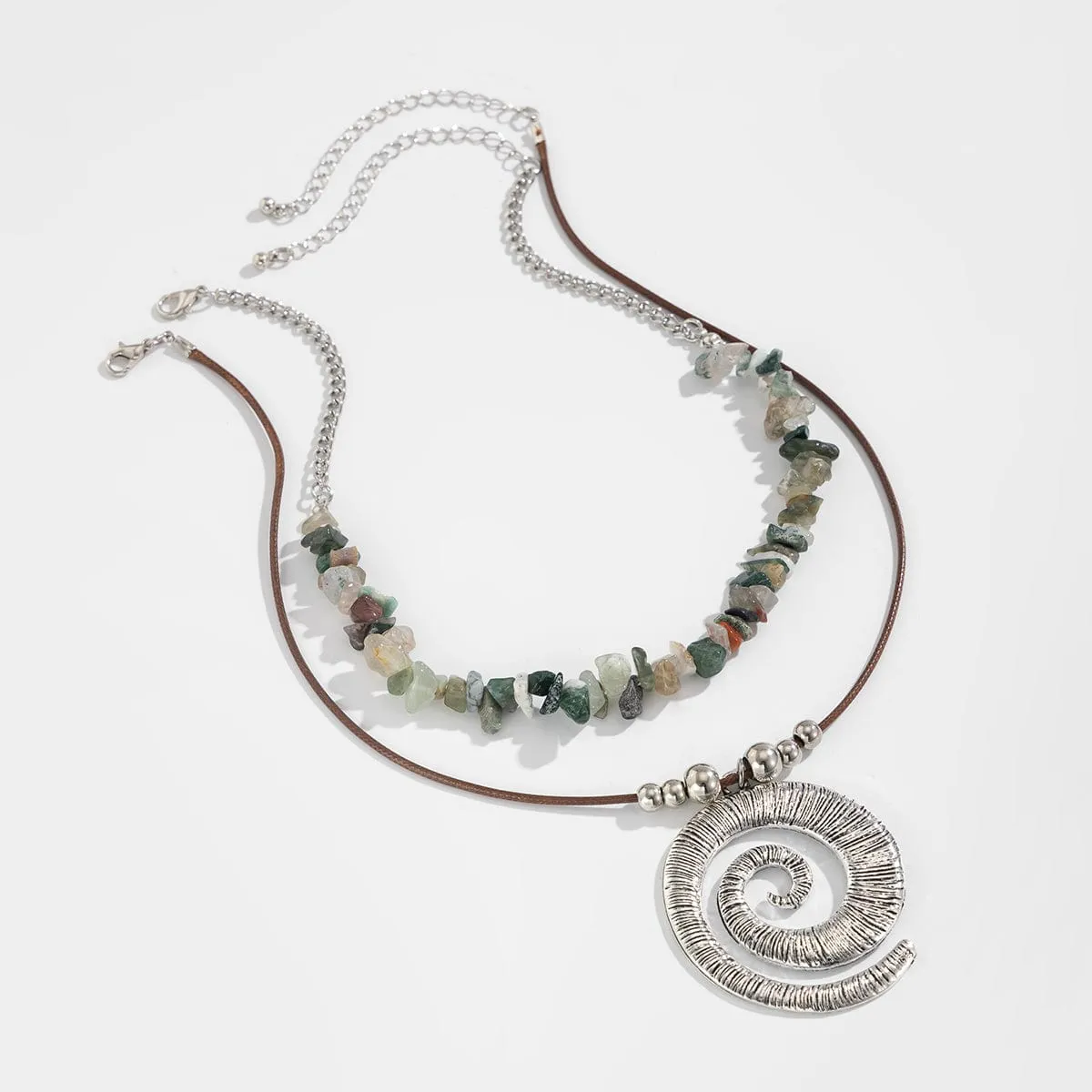 Boho Layered Textured Spiral Pendant Turquoise Stone Chain Velvet Necklace Set