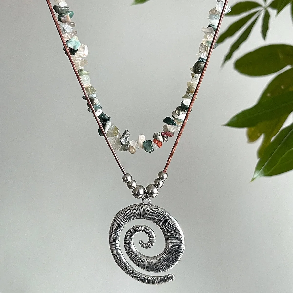 Boho Layered Textured Spiral Pendant Turquoise Stone Chain Velvet Necklace Set