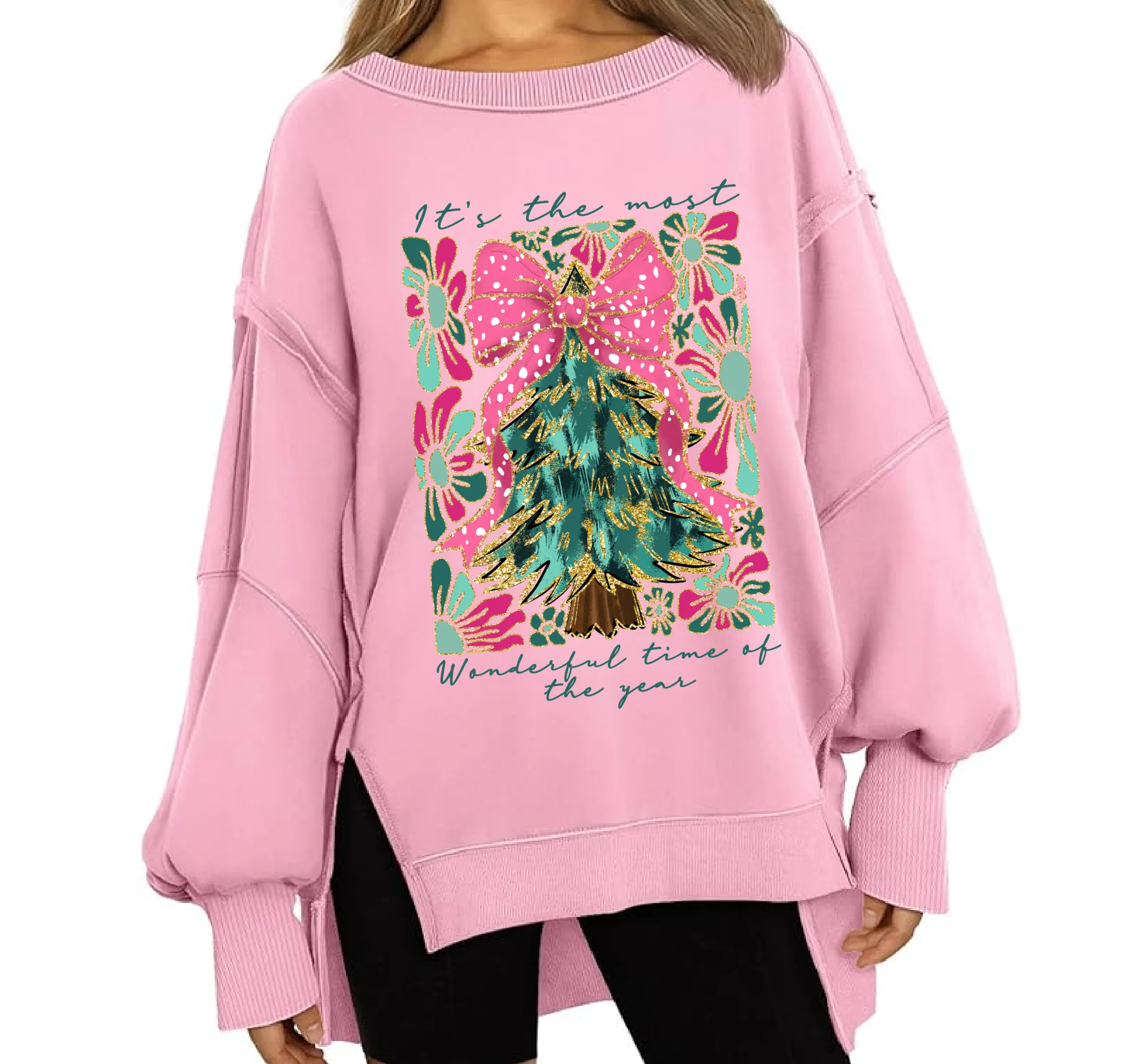 Boutique Balloon Sleeve Most Wonderful Time of The Year Christmas Sweater - Direct To Film Printed