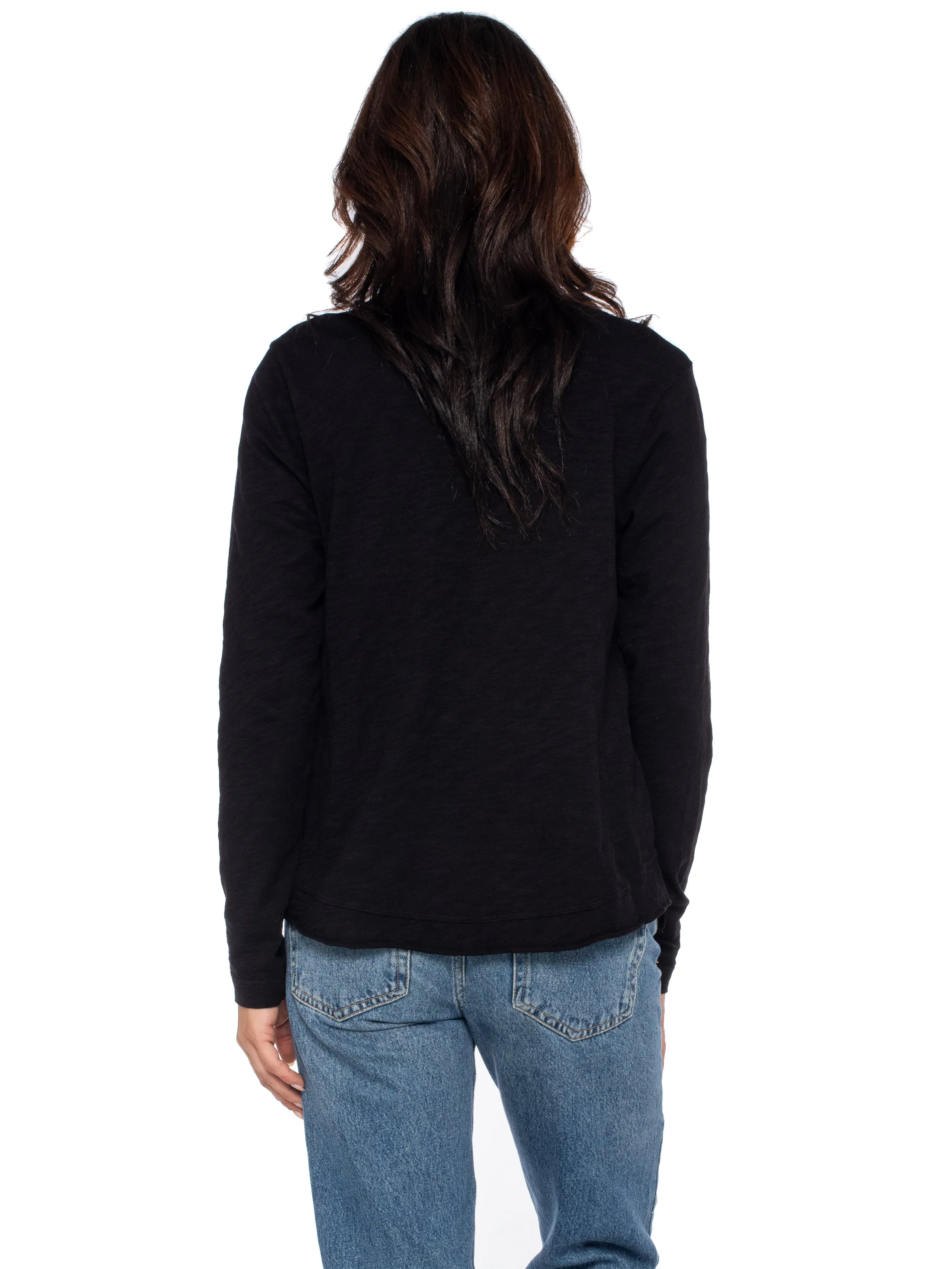 Boxy Long Sleeve Slub Crew Tee Mixed Fabric Hem