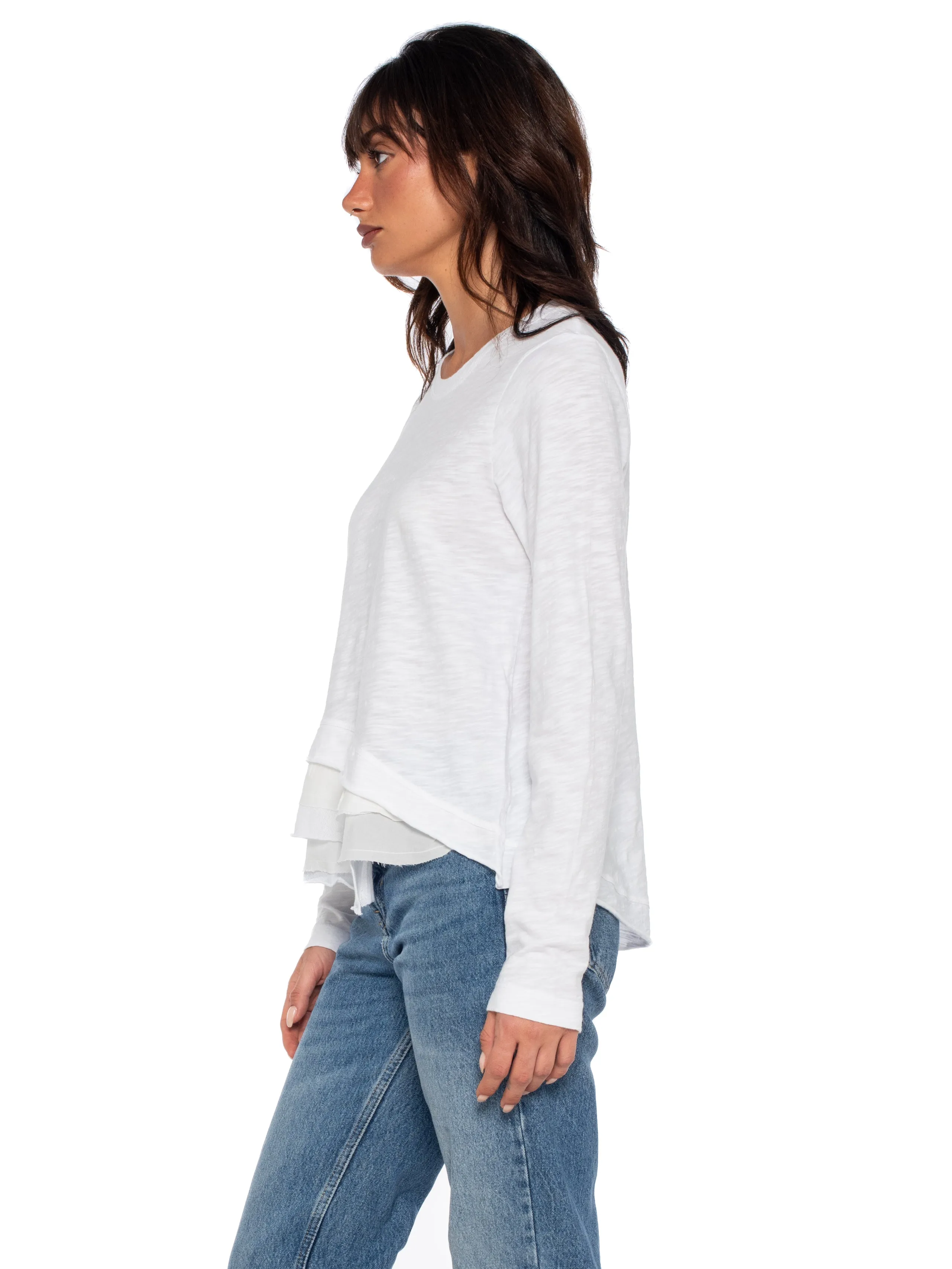 Boxy Long Sleeve Slub Crew Tee Mixed Fabric Hem