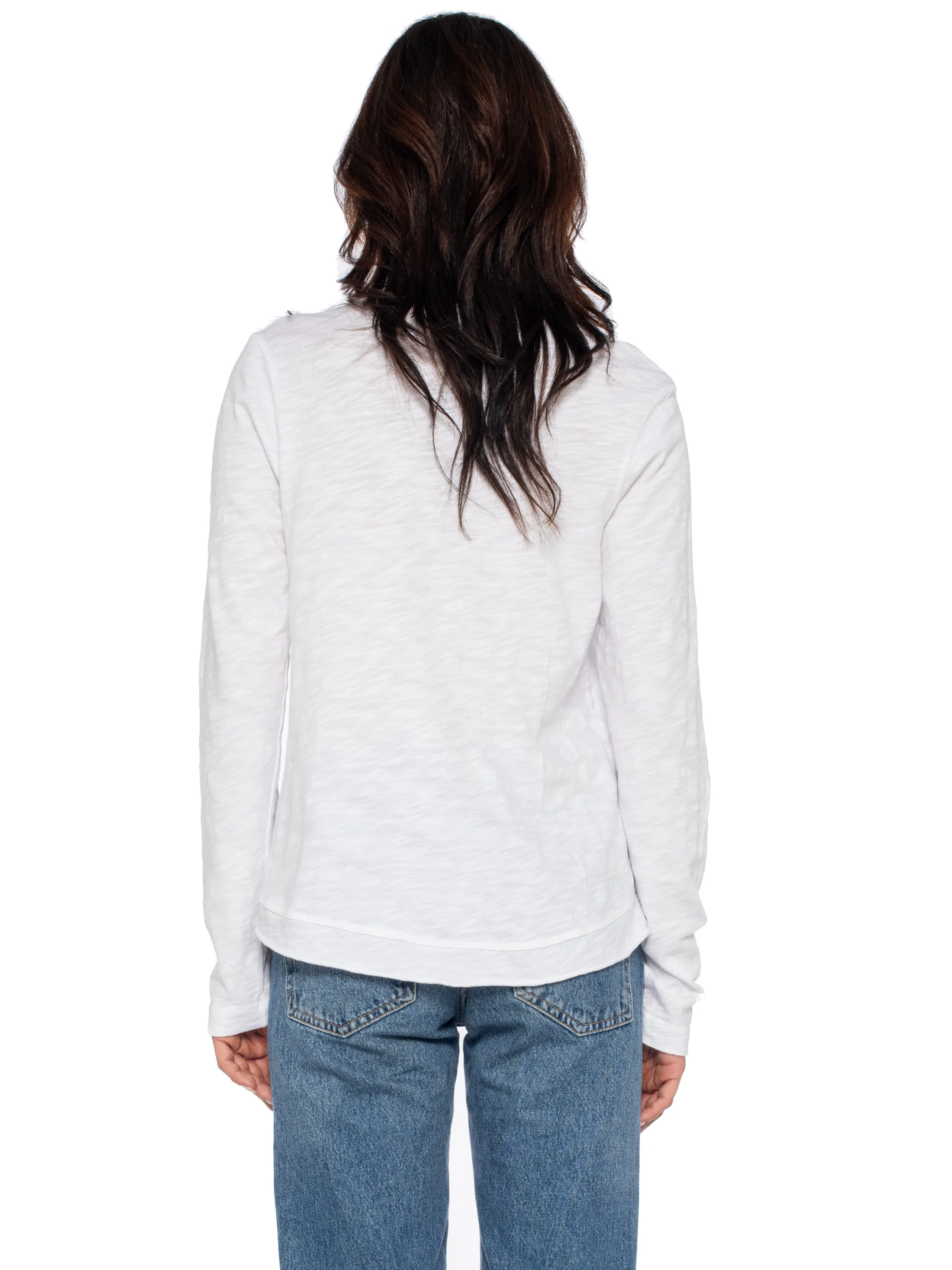Boxy Long Sleeve Slub Crew Tee Mixed Fabric Hem