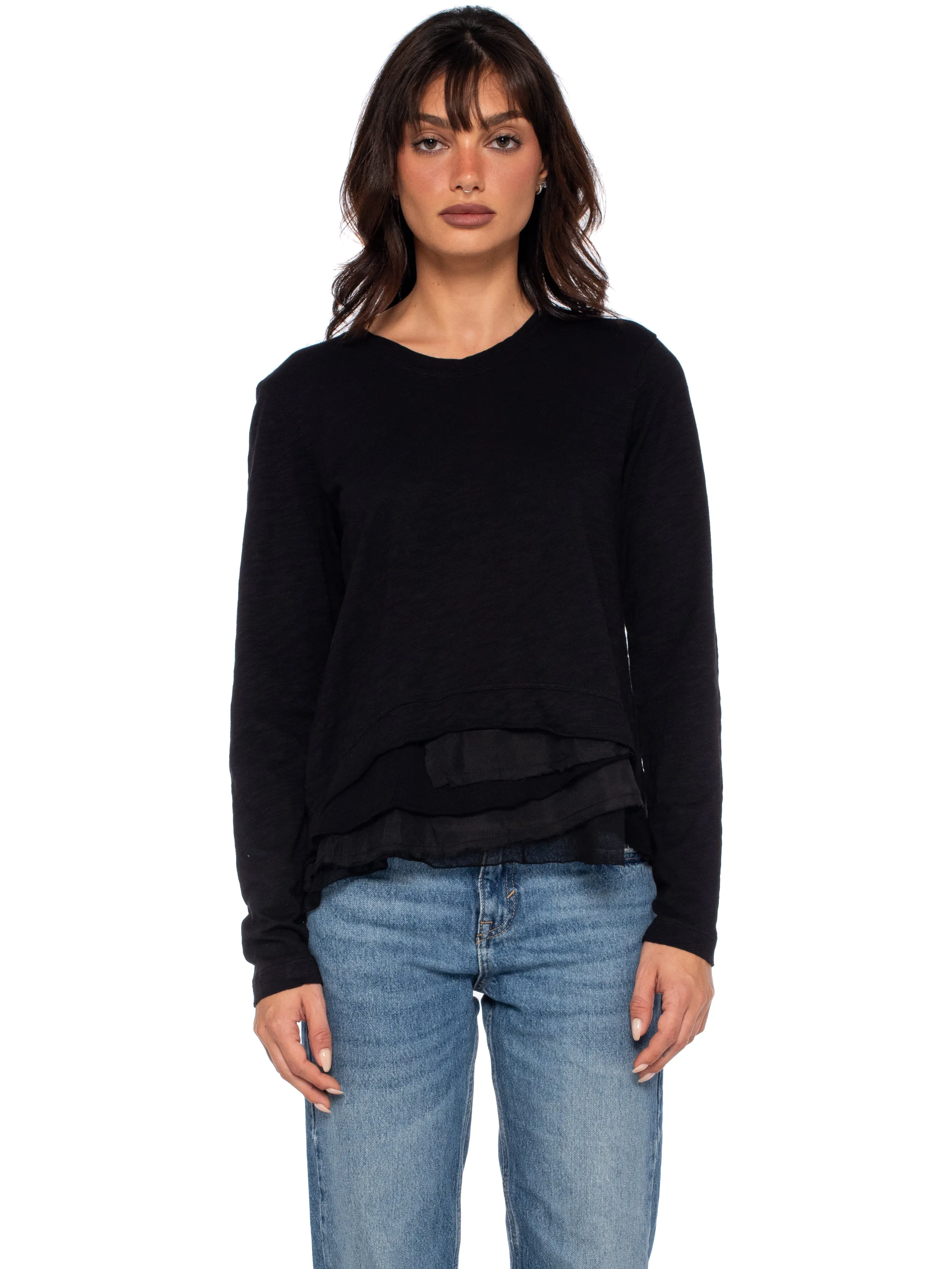 Boxy Long Sleeve Slub Crew Tee Mixed Fabric Hem