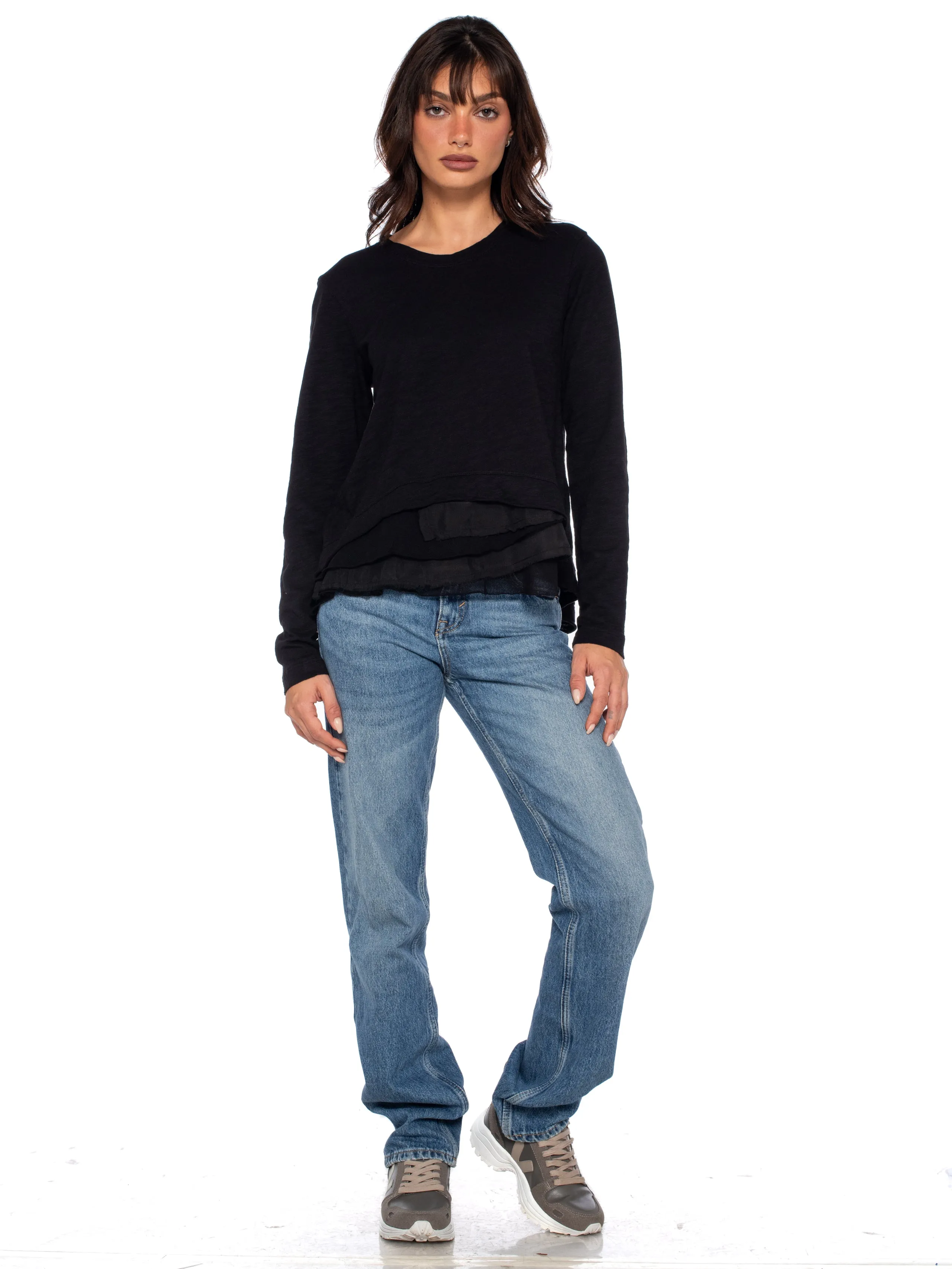 Boxy Long Sleeve Slub Crew Tee Mixed Fabric Hem