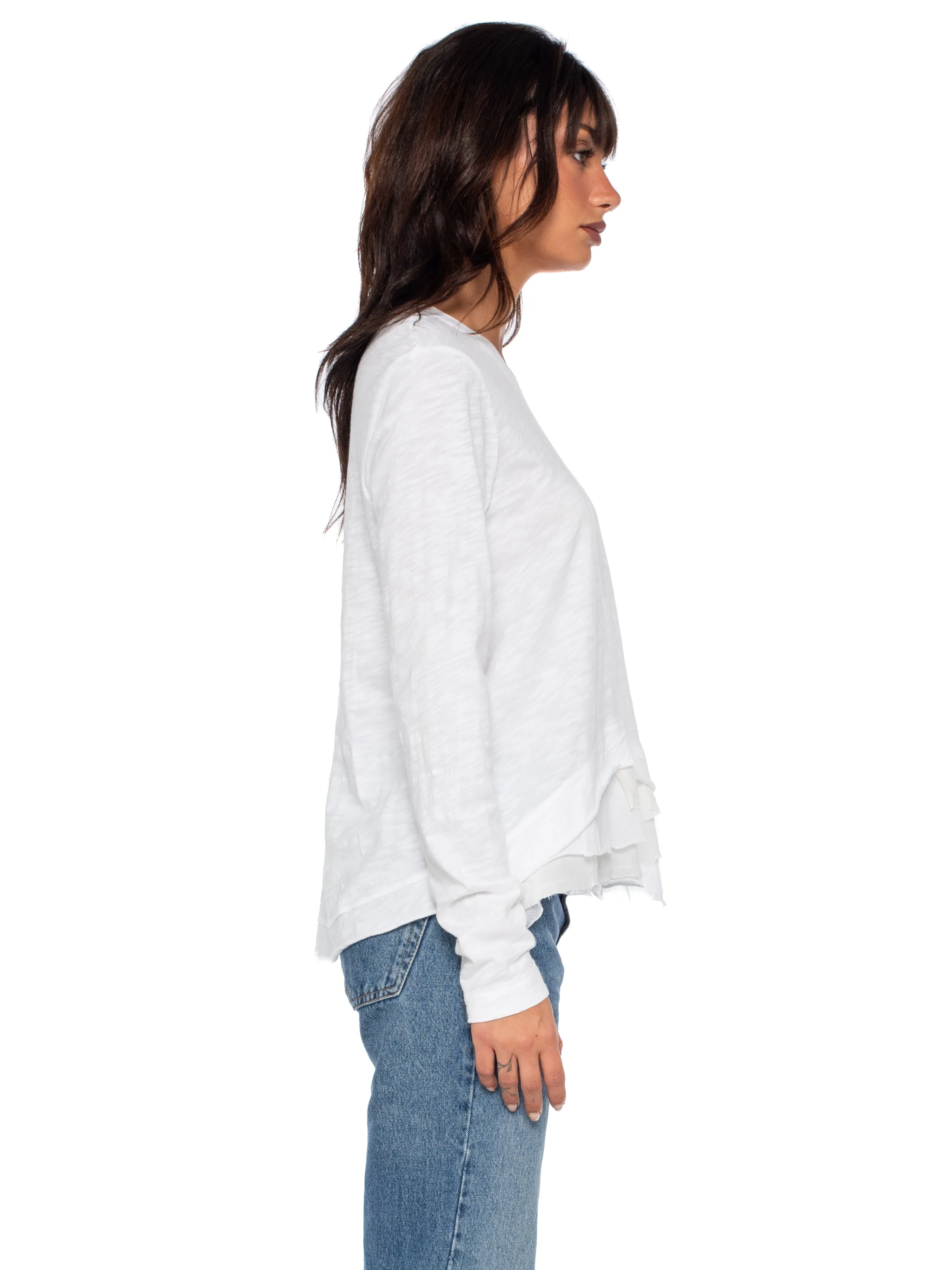 Boxy Long Sleeve Slub Crew Tee Mixed Fabric Hem
