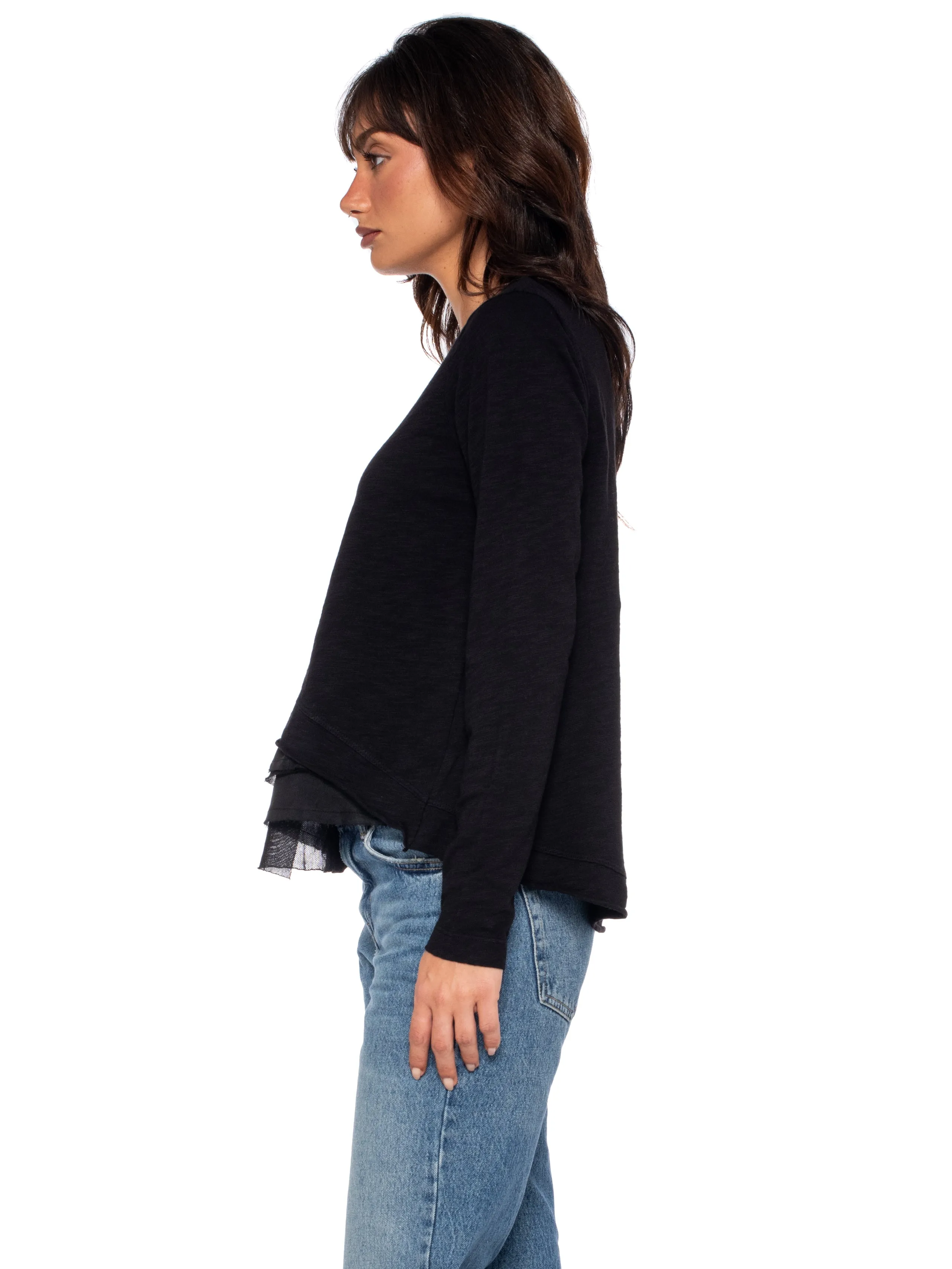 Boxy Long Sleeve Slub Crew Tee Mixed Fabric Hem