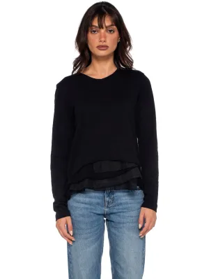 Boxy Long Sleeve Slub Crew Tee Mixed Fabric Hem