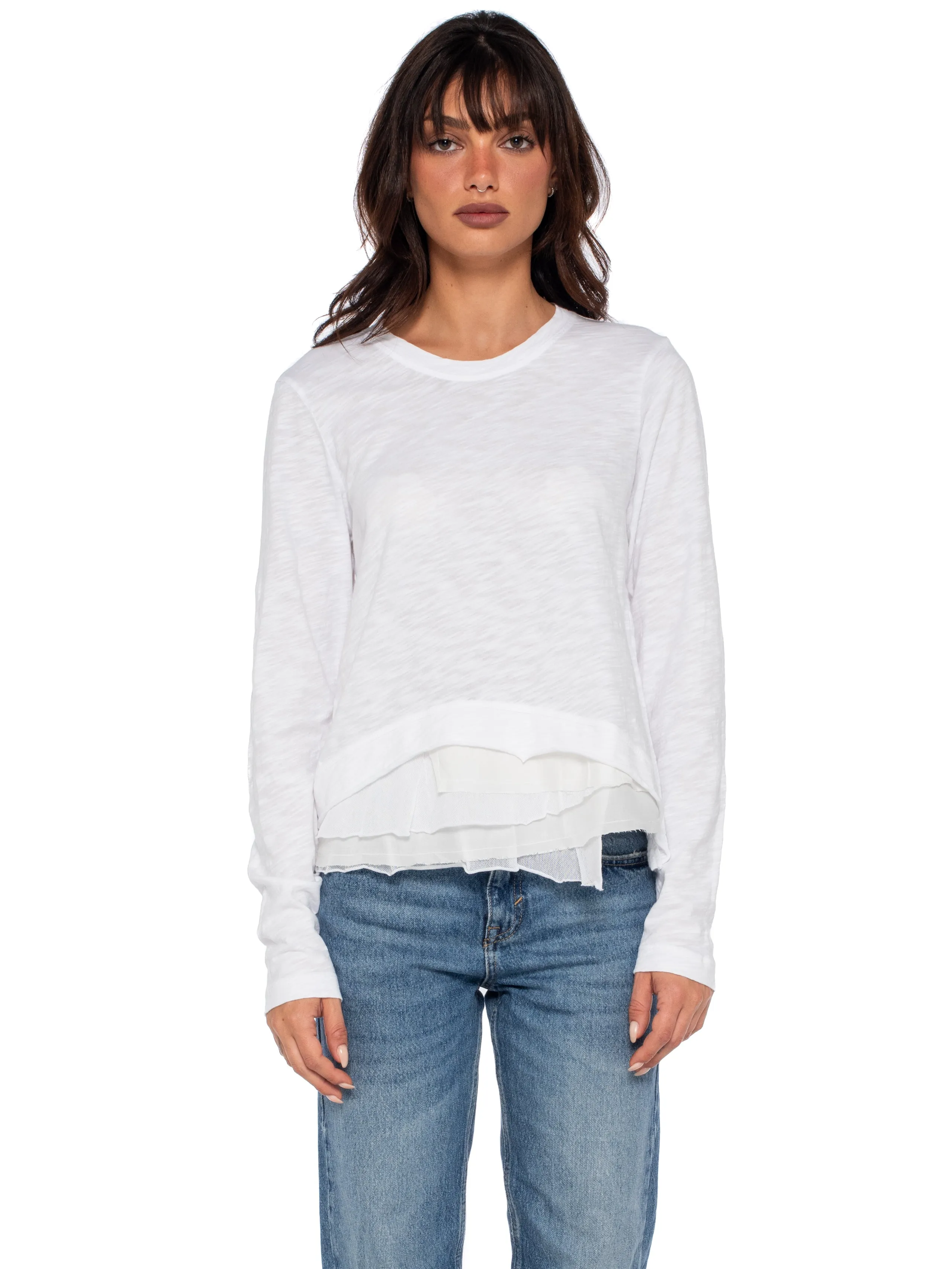 Boxy Long Sleeve Slub Crew Tee Mixed Fabric Hem