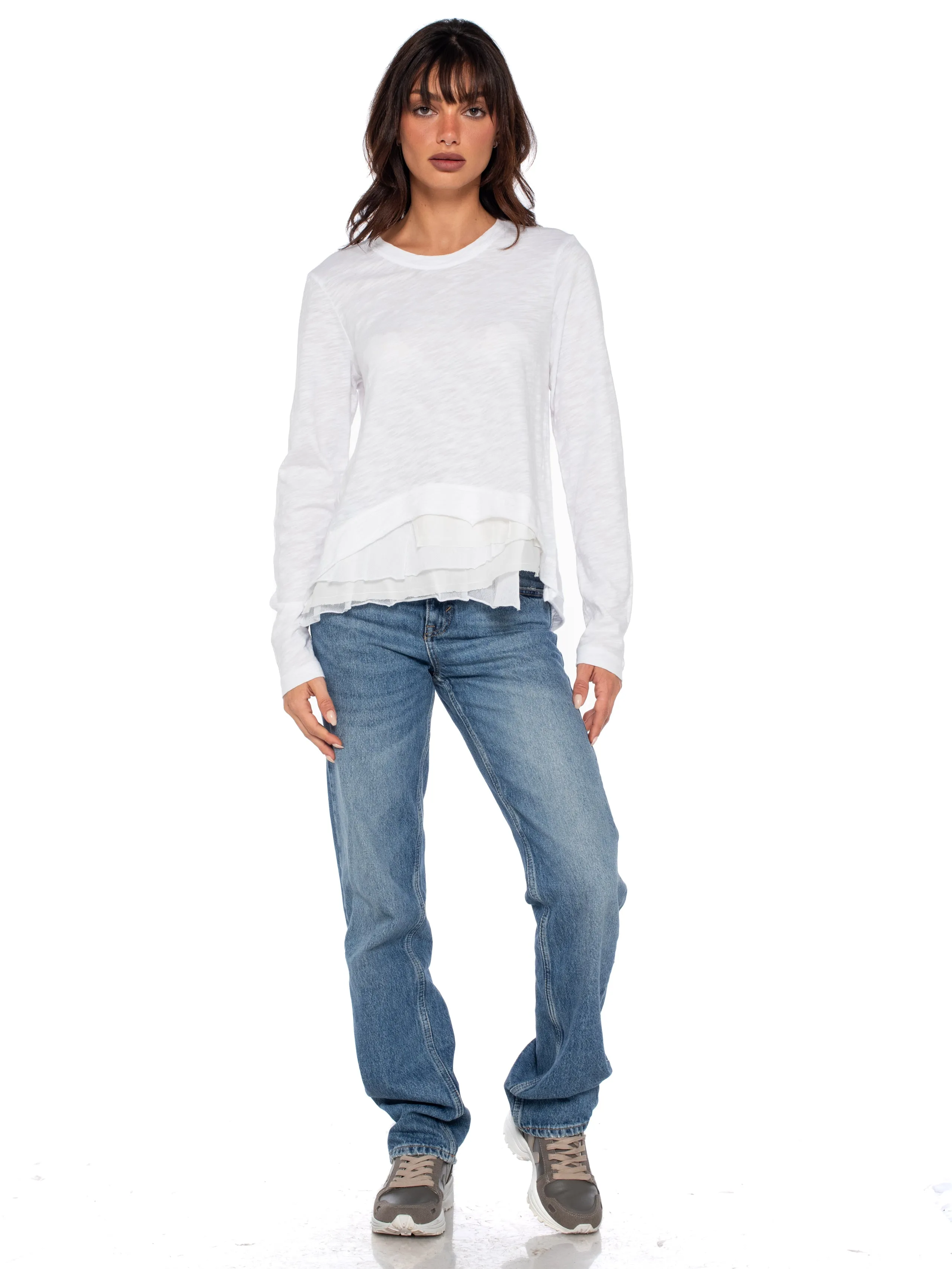 Boxy Long Sleeve Slub Crew Tee Mixed Fabric Hem