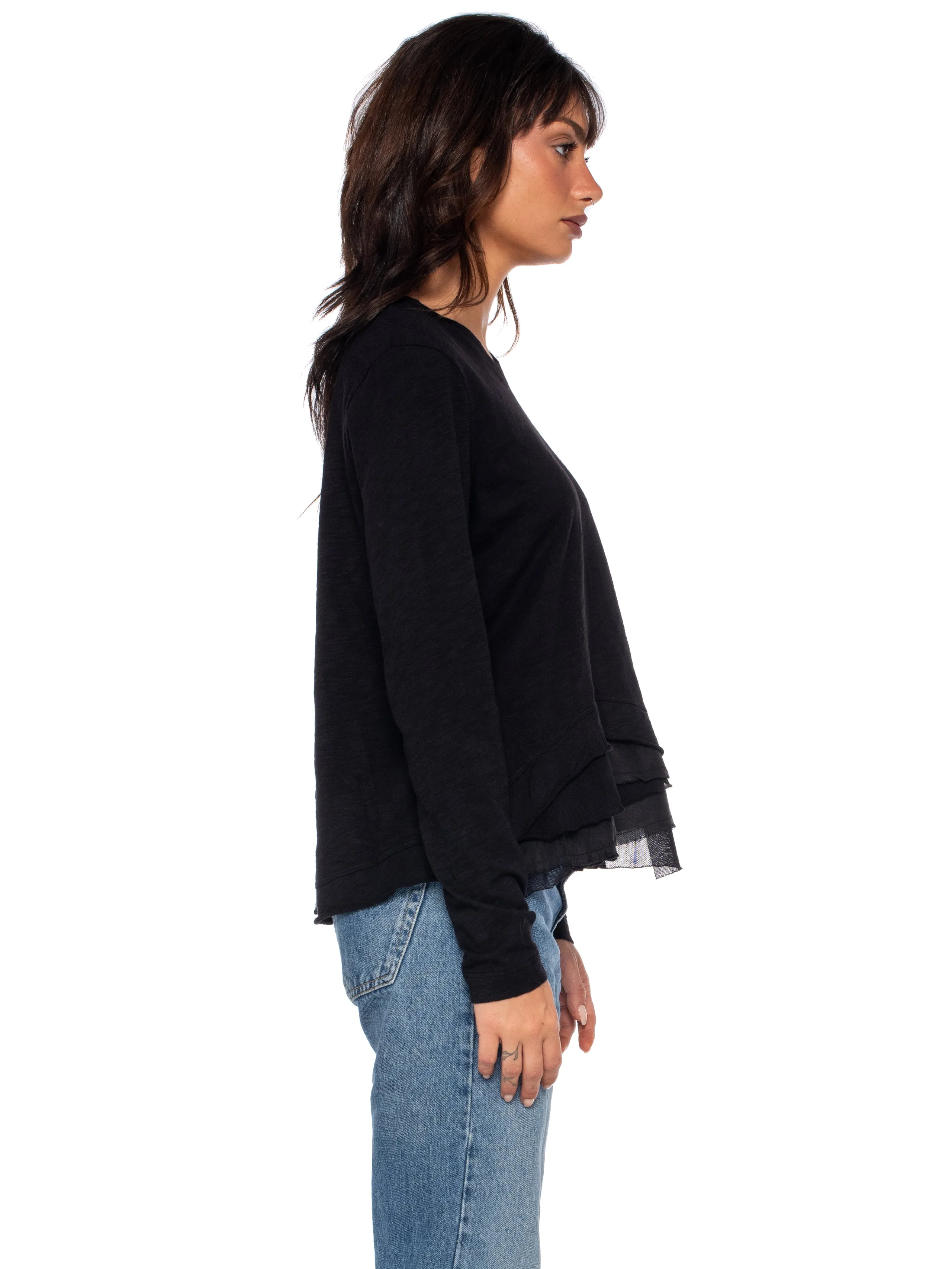 Boxy Long Sleeve Slub Crew Tee Mixed Fabric Hem