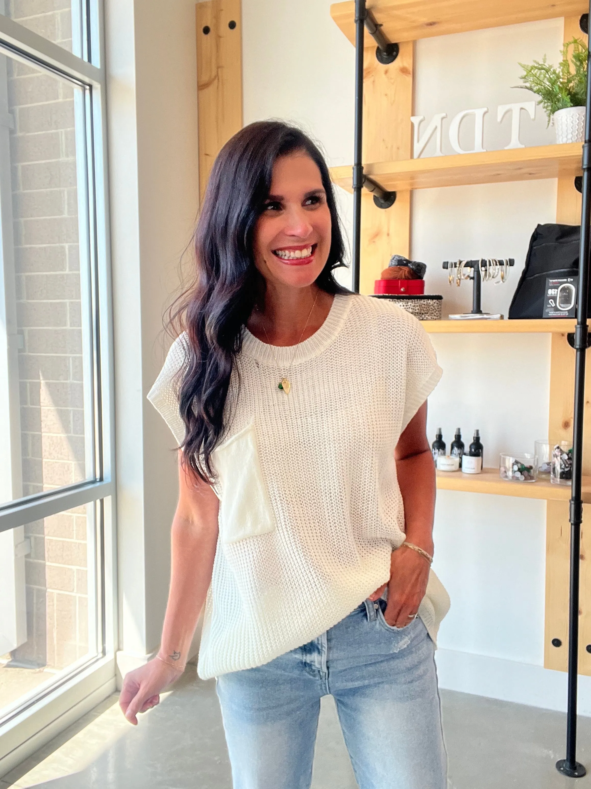 Boxy Pocket Sweater Top in Ivory