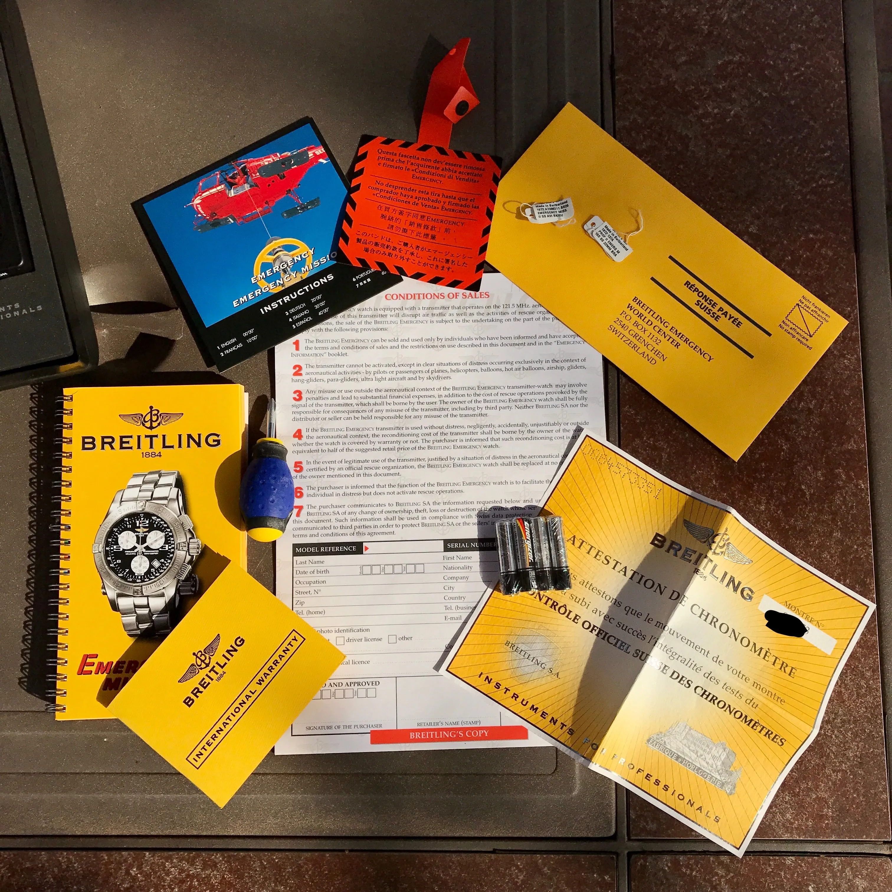 Breitling EMERGENCY MISSION A73322 Stainless Steel Chronograph Aviation Wristwatch Box Papers