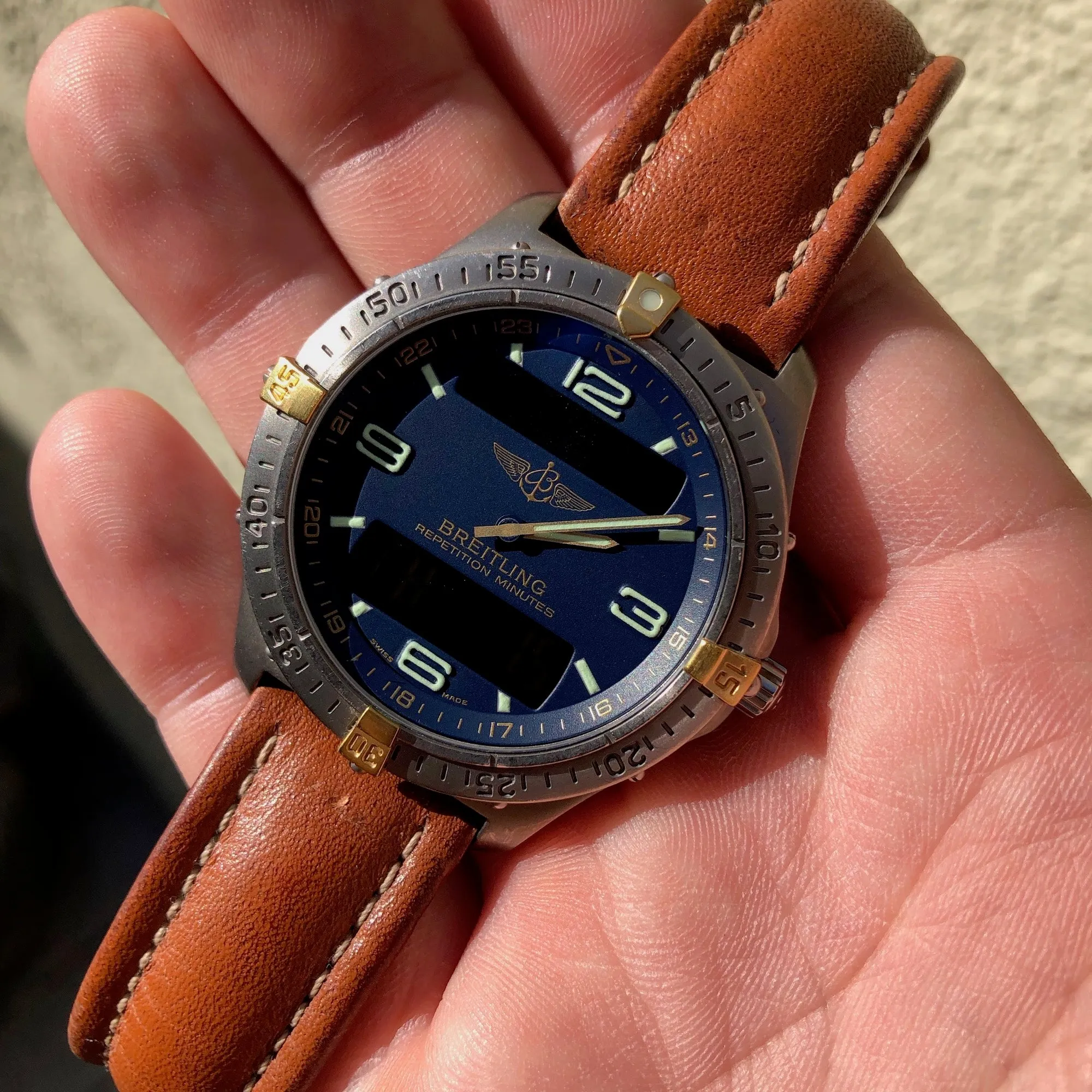 Breitling F65062 Aerospace Repetition Minutes Blue Titanium Gold Quartz Leather 40mm Wristwatch