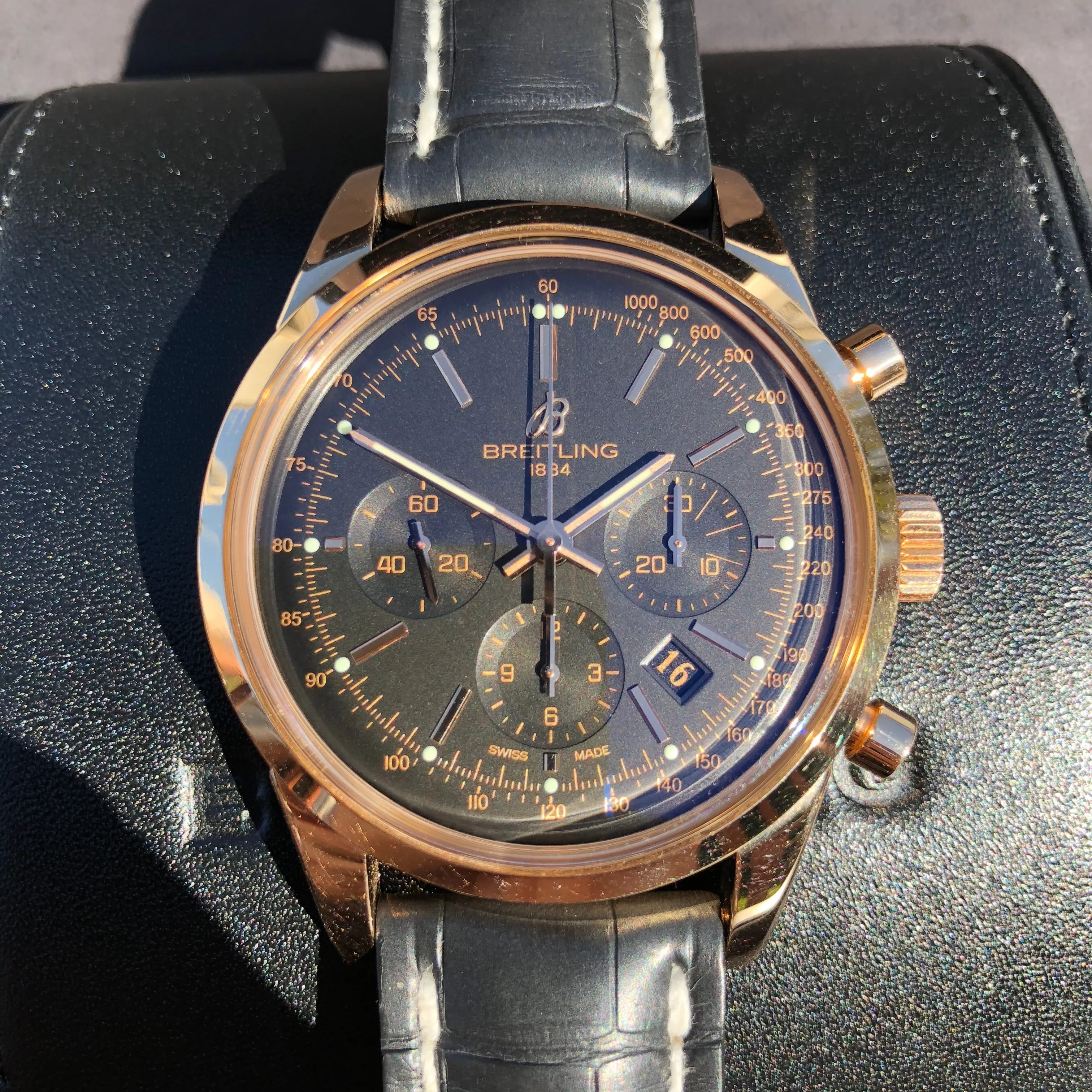 Breitling Transocean RB015212 18K Rose Gold Chronograph Black Dial Wristwatch Box Papers