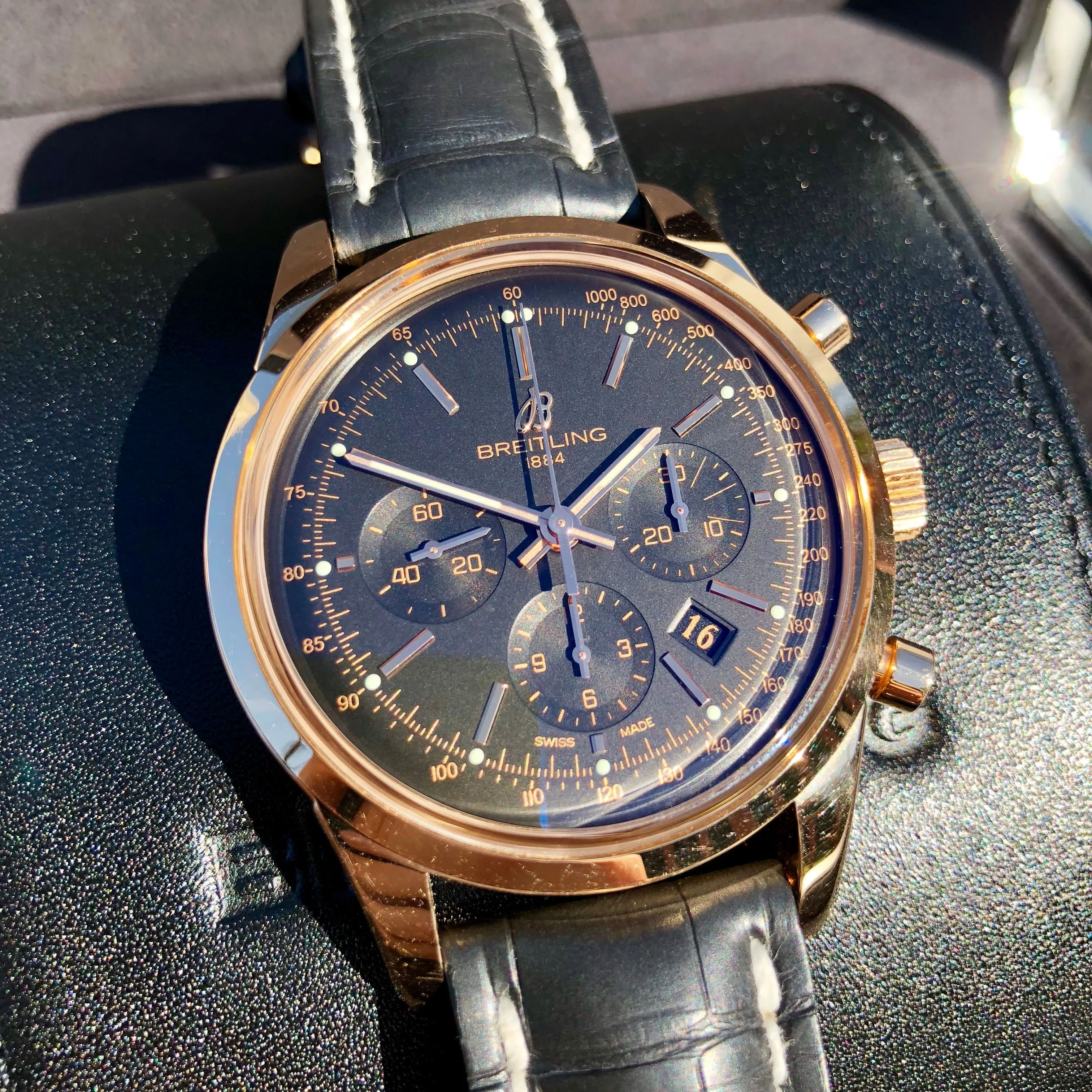 Breitling Transocean RB015212 18K Rose Gold Chronograph Black Dial Wristwatch Box Papers