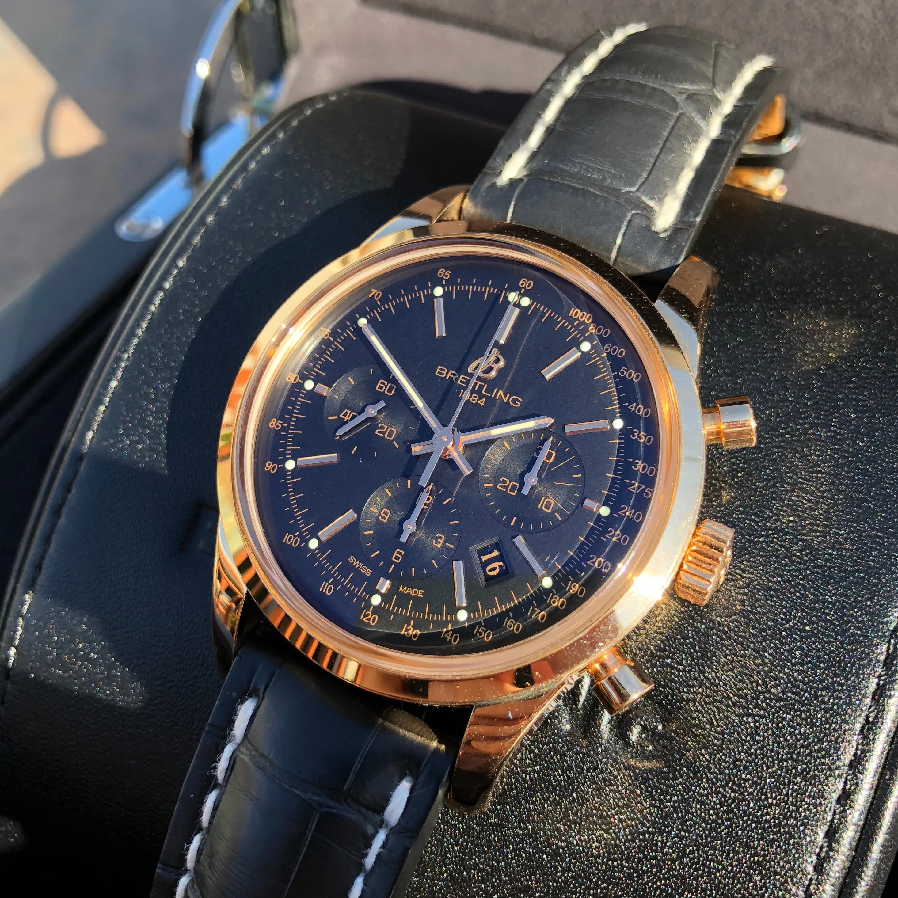 Breitling Transocean RB015212 18K Rose Gold Chronograph Black Dial Wristwatch Box Papers
