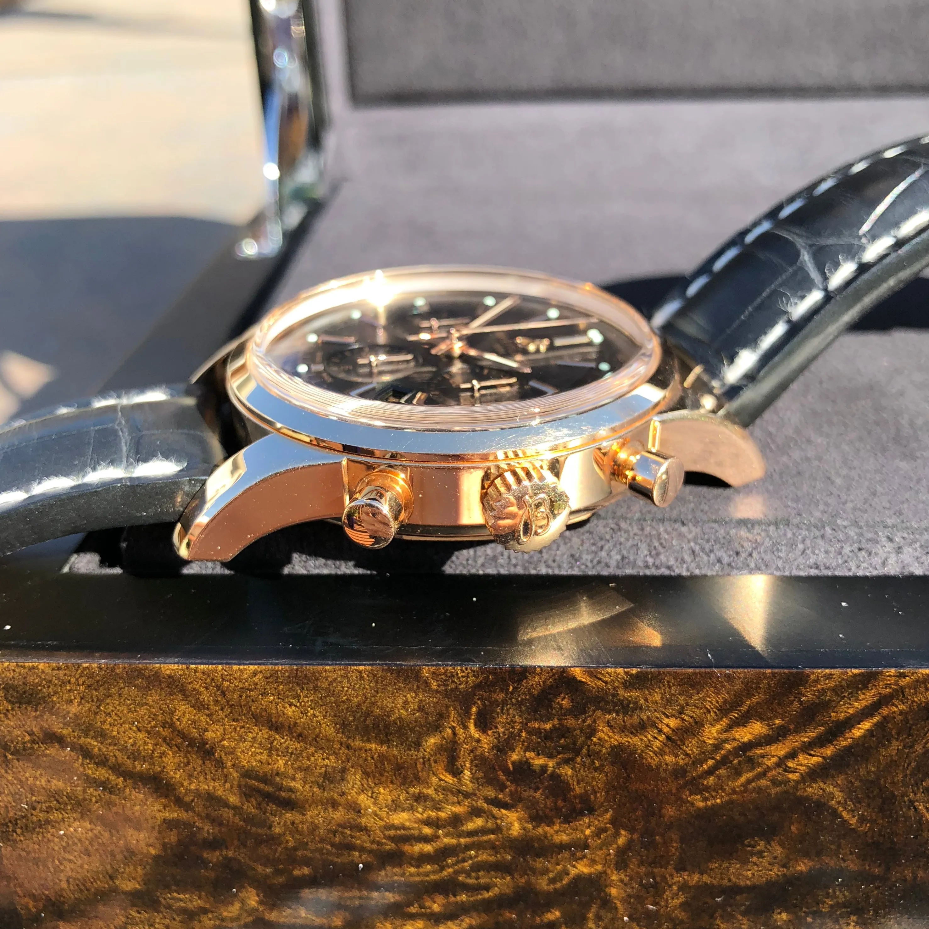 Breitling Transocean RB015212 18K Rose Gold Chronograph Black Dial Wristwatch Box Papers