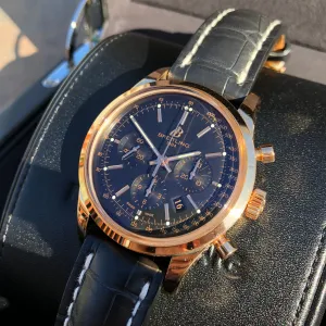 Breitling Transocean RB015212 18K Rose Gold Chronograph Black Dial Wristwatch Box Papers