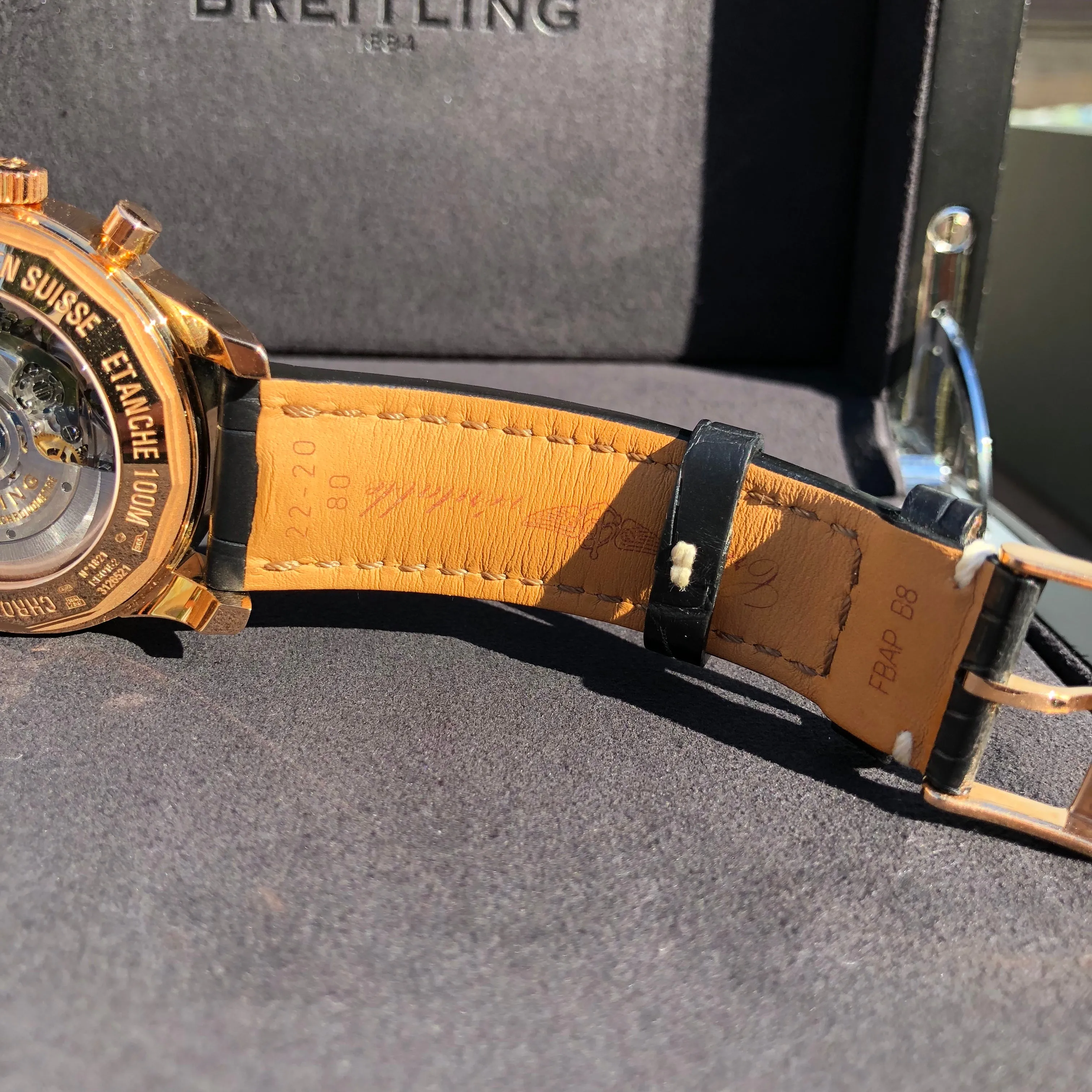 Breitling Transocean RB015212 18K Rose Gold Chronograph Black Dial Wristwatch Box Papers