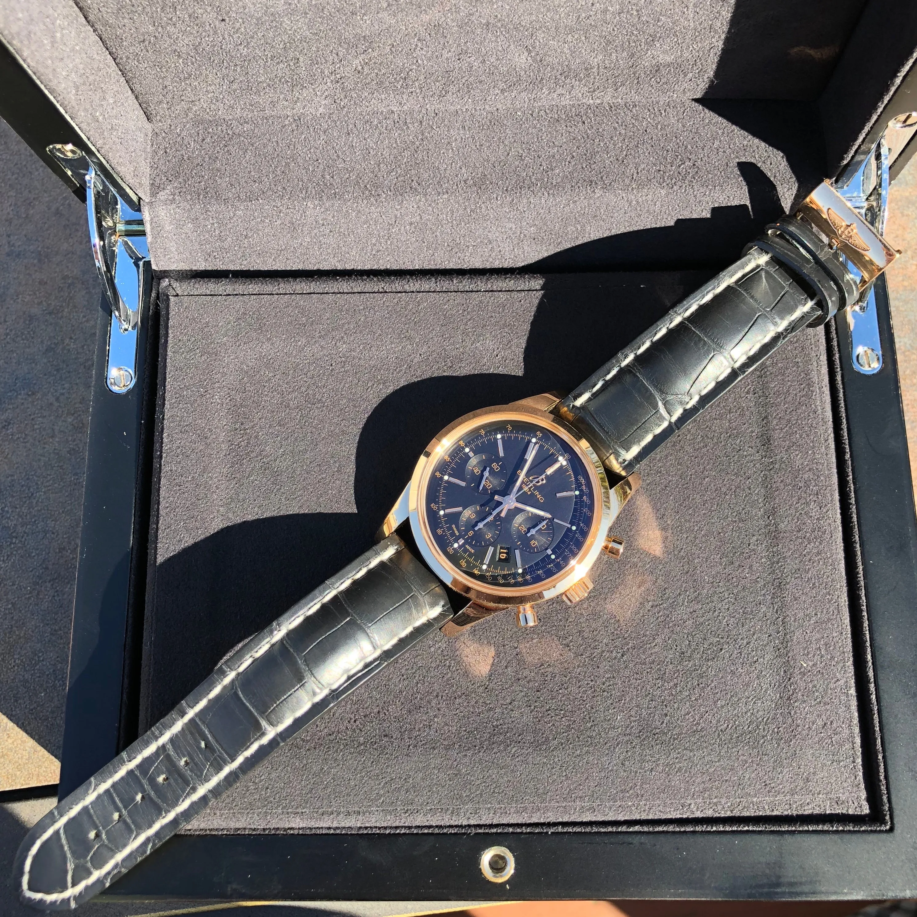 Breitling Transocean RB015212 18K Rose Gold Chronograph Black Dial Wristwatch Box Papers