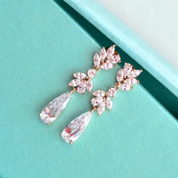 Bridal Drop Earrings. Rose Gold Cubic Zirconia Crystal Dangle Earrings. Floral Marquise Water Drop Crystal Earrings. Rose Gold Wedding.