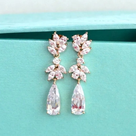 Bridal Drop Earrings. Rose Gold Cubic Zirconia Crystal Dangle Earrings. Floral Marquise Water Drop Crystal Earrings. Rose Gold Wedding.