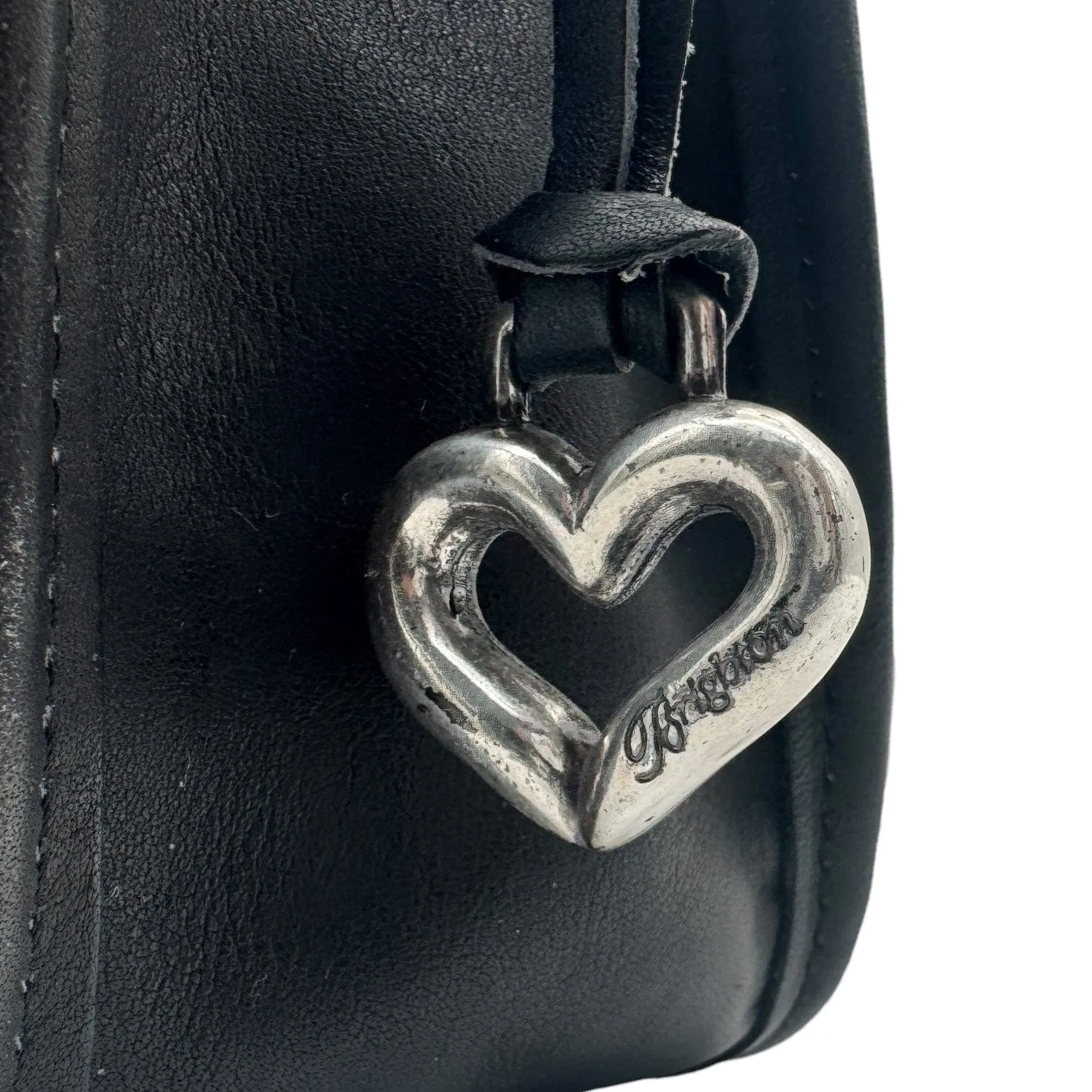 BRIGHTON Vintage Leather Beaded Hearts Flap Saddle Bag - Black