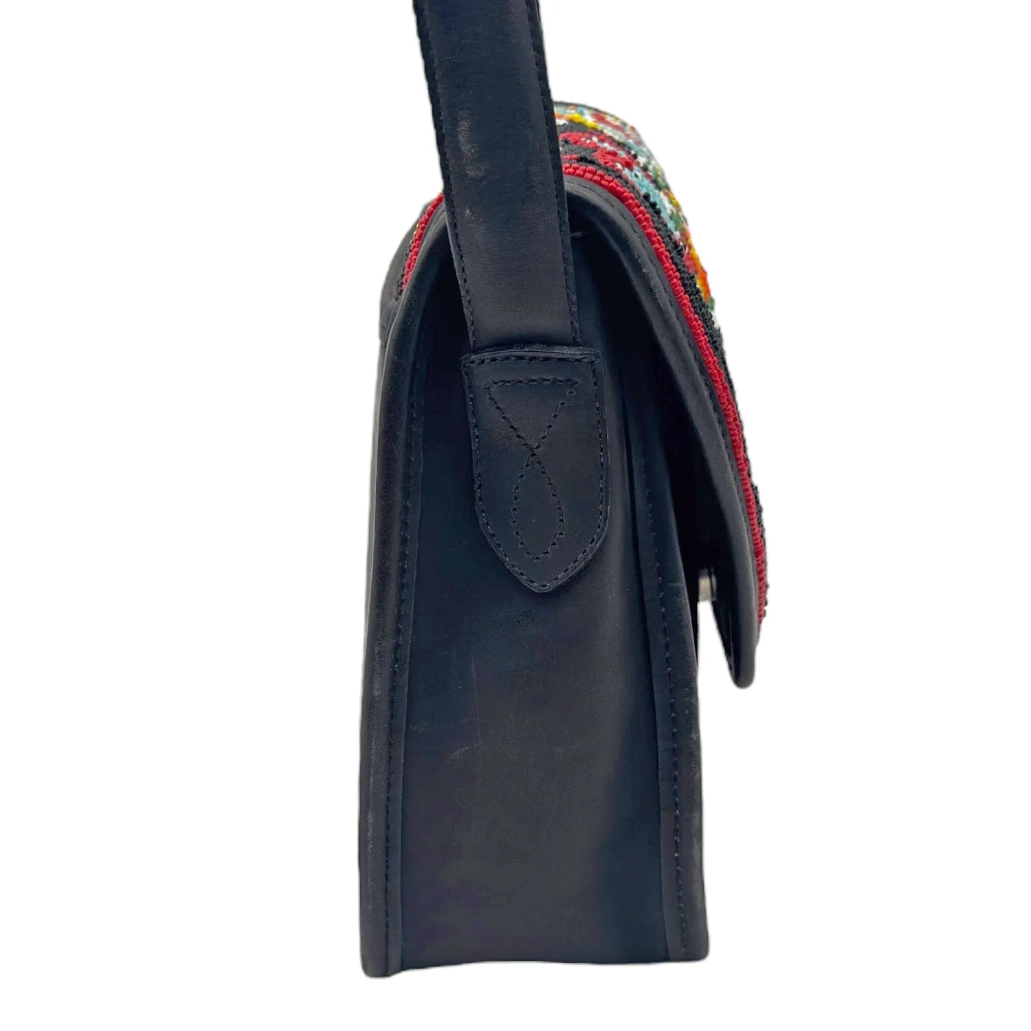 BRIGHTON Vintage Leather Beaded Hearts Flap Saddle Bag - Black