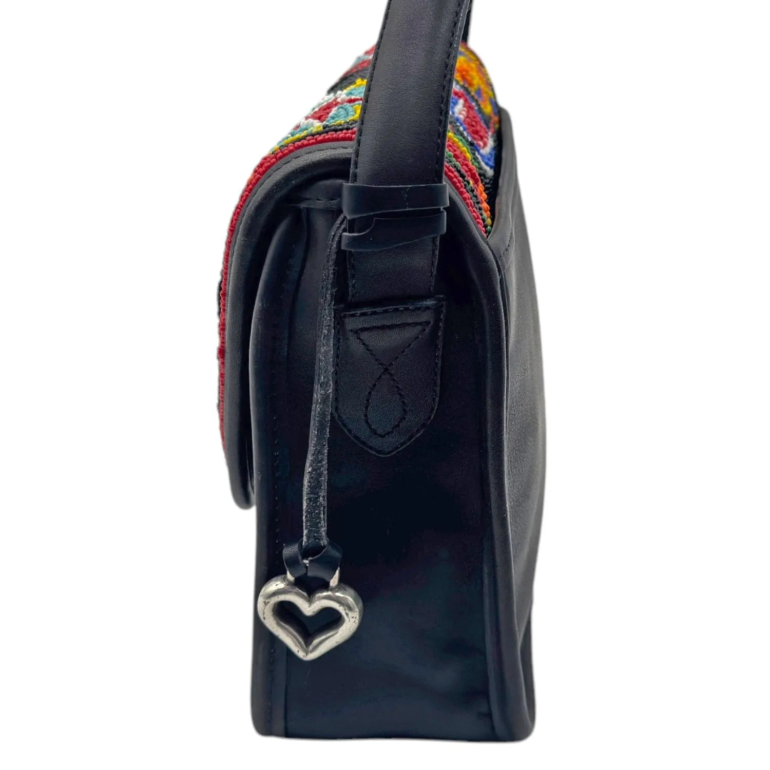BRIGHTON Vintage Leather Beaded Hearts Flap Saddle Bag - Black