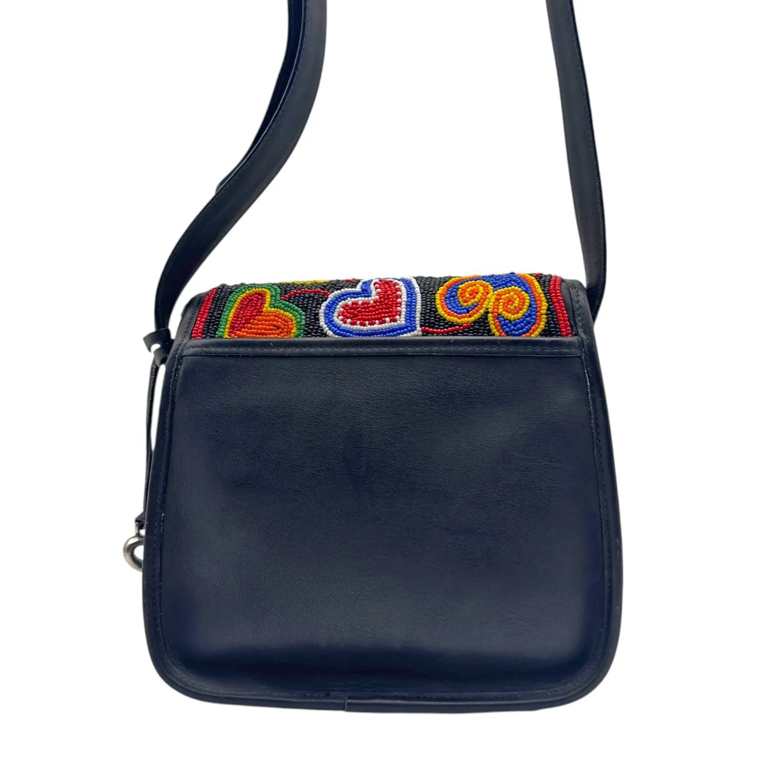 BRIGHTON Vintage Leather Beaded Hearts Flap Saddle Bag - Black