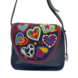 BRIGHTON Vintage Leather Beaded Hearts Flap Saddle Bag - Black
